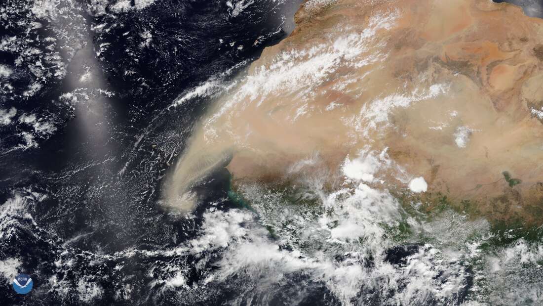 Le panache de sable et de poussière issu du Sahara qui se déplace vers l'ouest, photographié le 7 juin 2020. © Satellite de NOAA