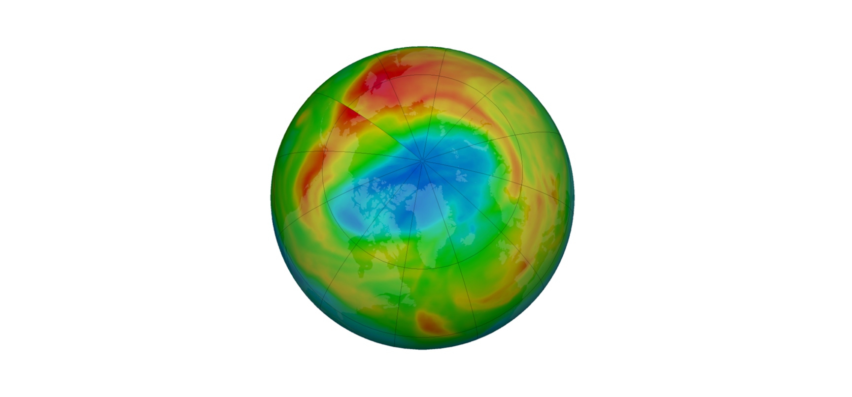 Les observations de l'hiver 2020 ont montré une diminution significative du contenu en ozone de la stratosphère durant plusieurs semaines, sur une large zone autour du Pôle Nord. Mais le trou s'est refermé à la fin du mois d'avril. Il aurait été dû à des températures trop élevées quelques semaines plus tôt à la surface du Pacifique nord.&nbsp;© Nasa Ozone watch