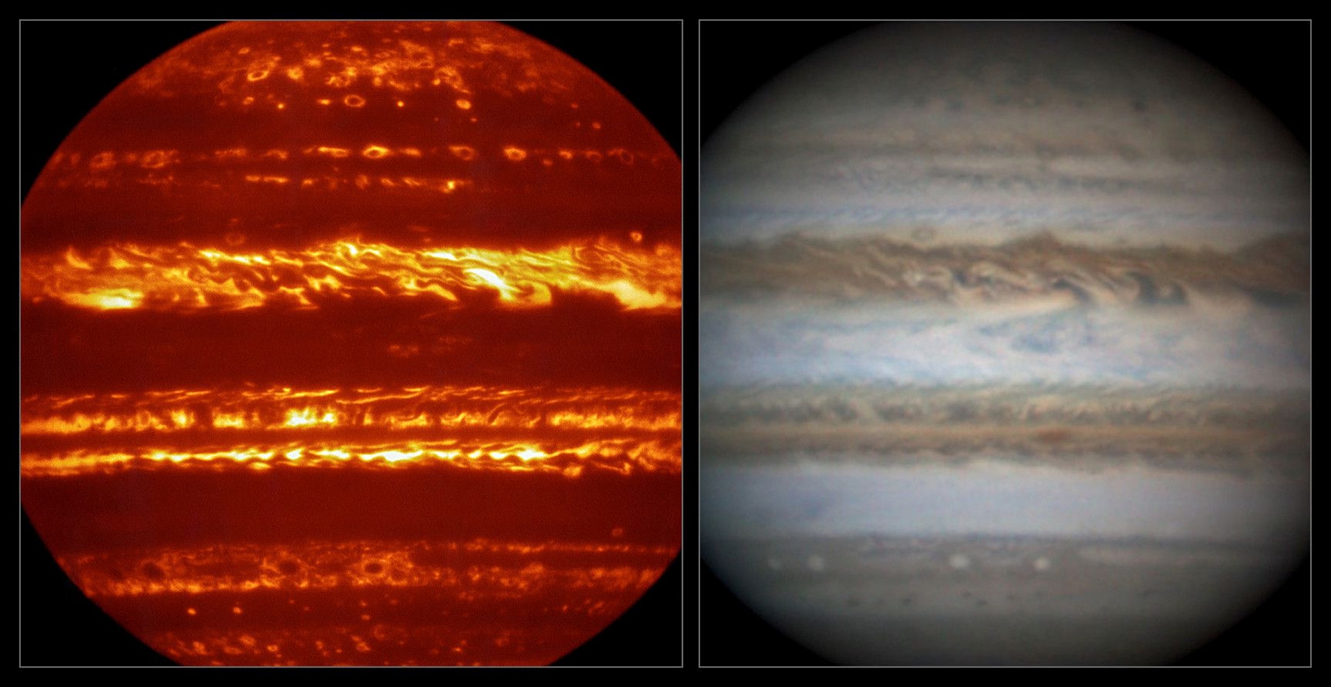La sonde Juno, de la Nasa, arrive en orbite autour de Jupiter pour une longue mission. C’est l’occasion de photographier ou au moins d’observer la géante, comme l’ont fait le VLT, dans l’infrarouge, avec l’instrument Visir (à gauche), et l’astronome amateur Damian Peach, dans le visible (à droite). © Eso, L. N. Fletcher, Damian Peach