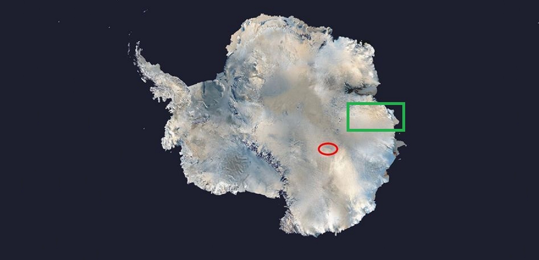 L’ellipse rouge situe la position du lac Vostok, 4.000 mètres sous la glace. Un autre lac et un réseau de canyons taillés dans le socle rocheux existerait plus près de la côte, à l’est (dans la direction de l’Australie), quelque part dans le rectangle vert. © Nasa, Futura-Sciences