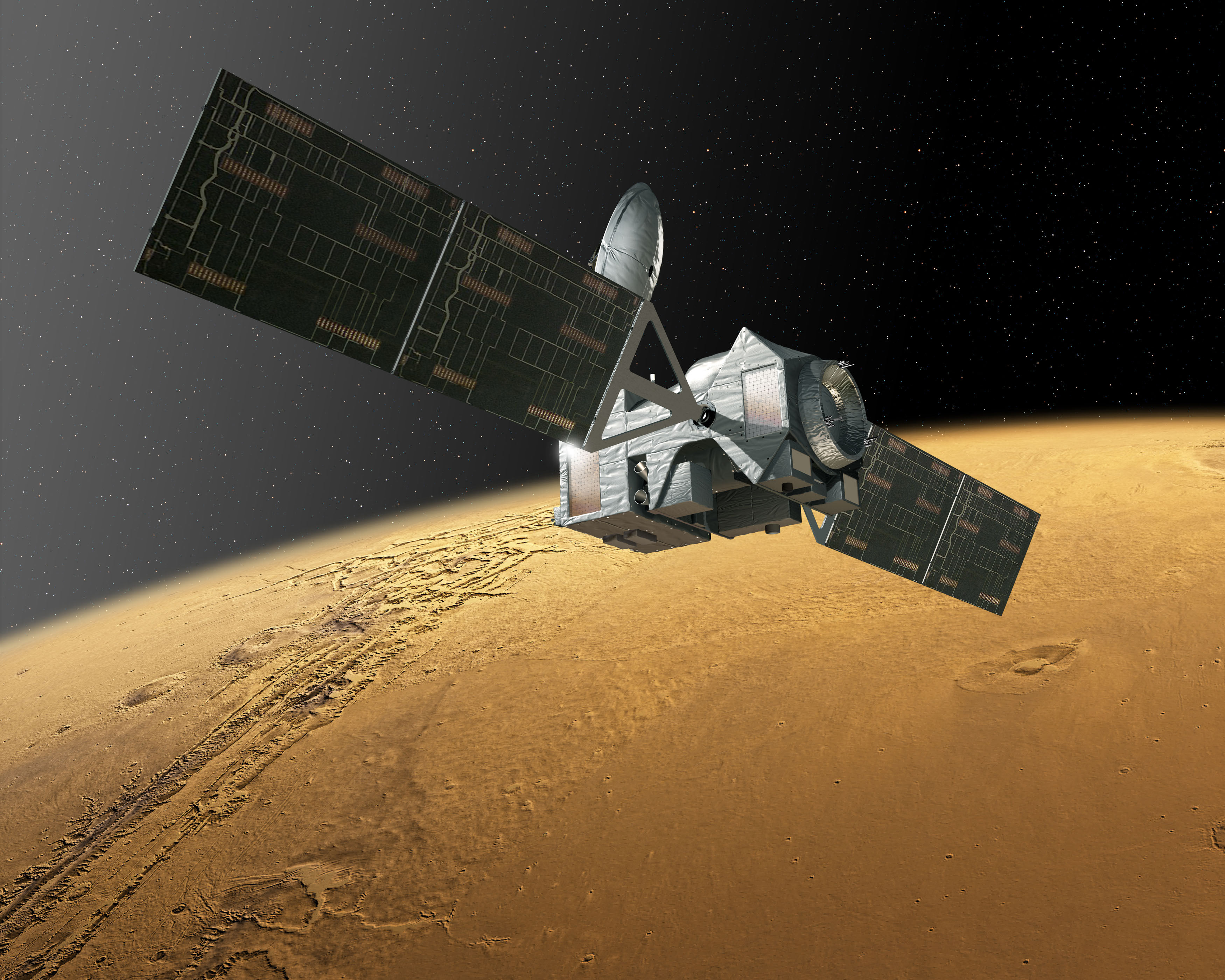 La sonde TGO, en vue d'artiste, sur son orbite elliptique autour de Mars. Avec ses instruments très précis, l'engin étudiera la chimie de l'atmosphère martienne, dont celle, mystérieuse, du méthane. © ESA