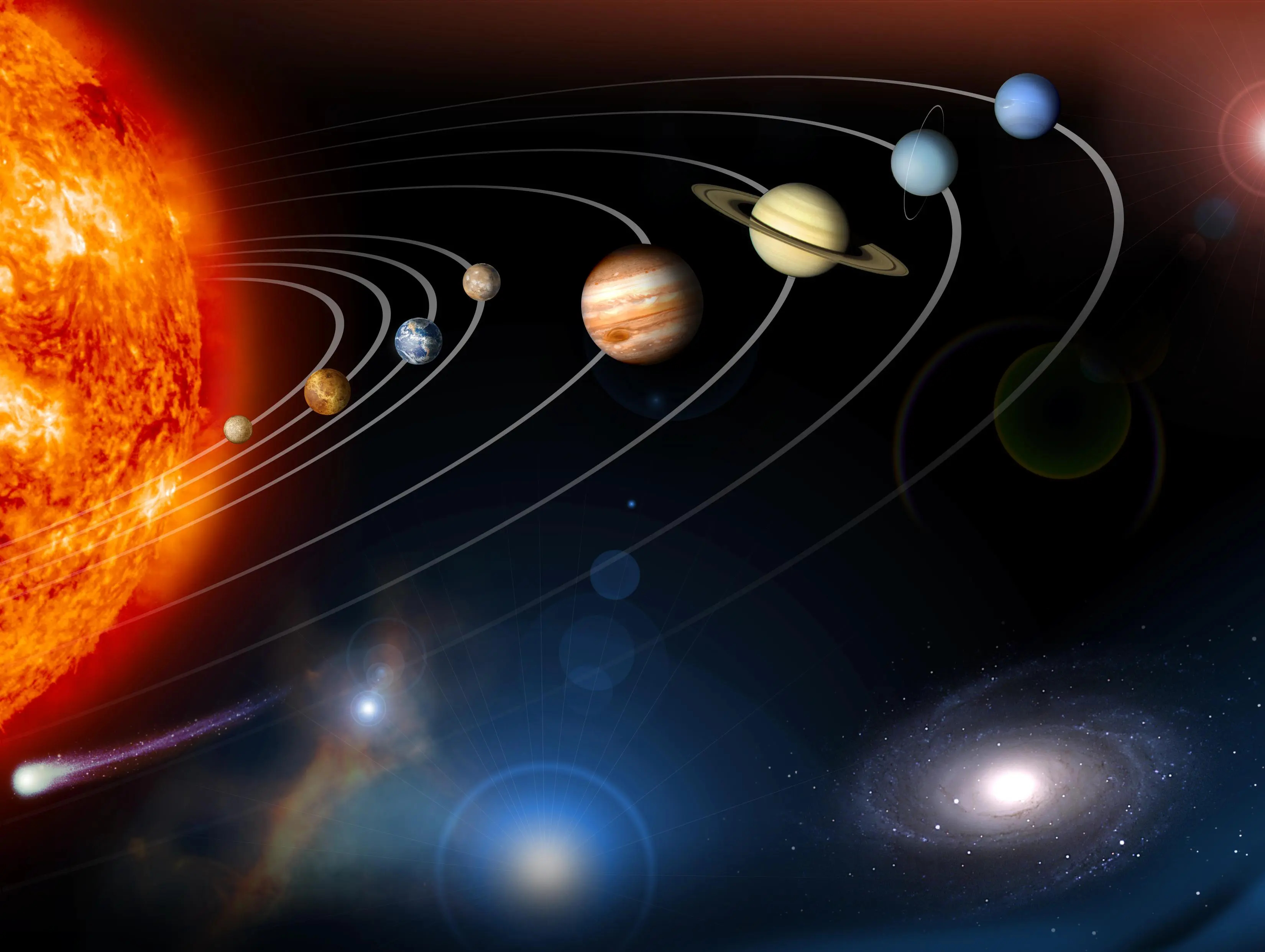 Vue d'artiste de notre Système solaire et de ses planètes (les distances et les tailles ne sont pas à l'échelle). © Nasa