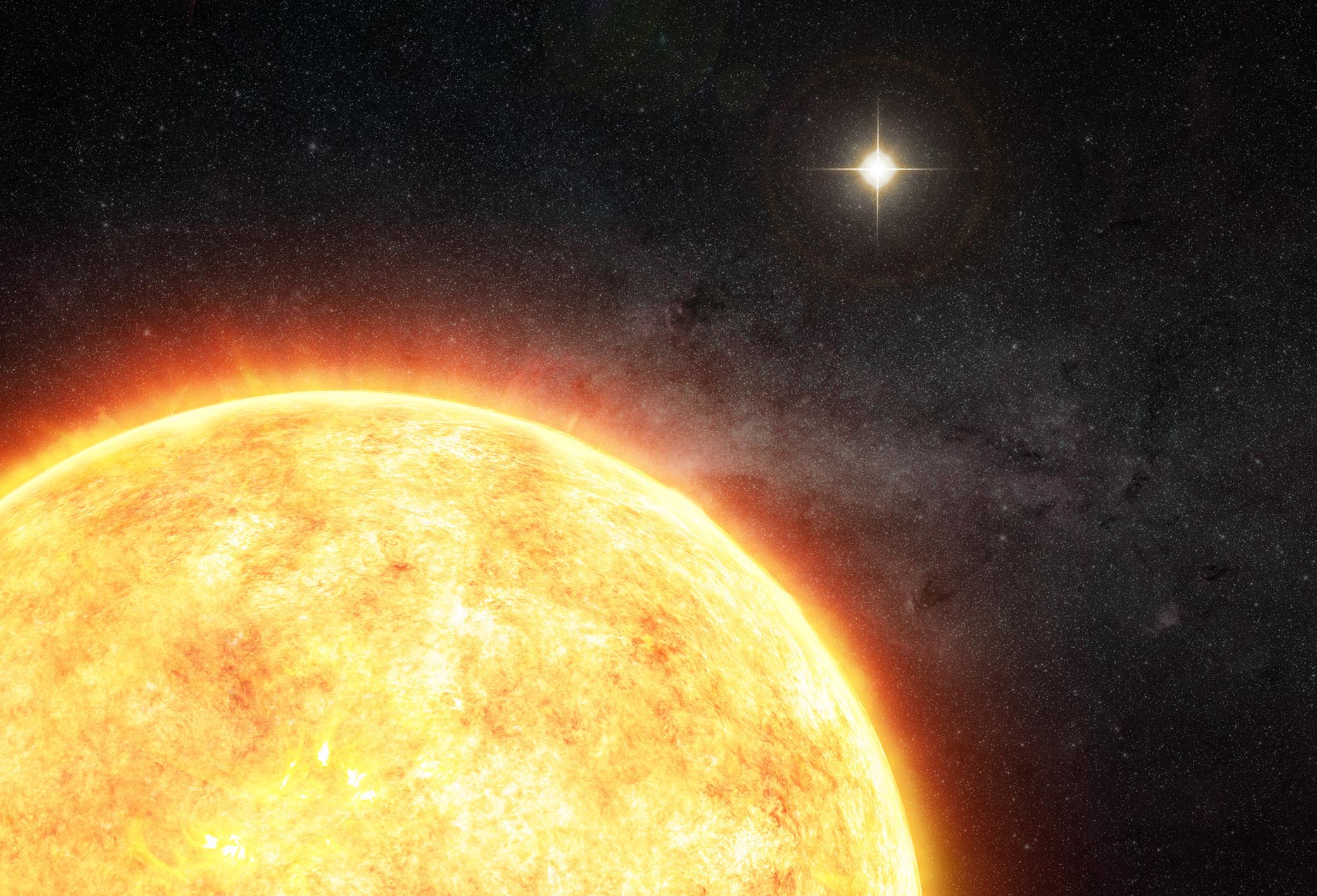 Illustration montrant le Soleil en couple avec une étoile née dans le même nid que lui, il plus de quatre milliards et demi d'années. © M. Weiss