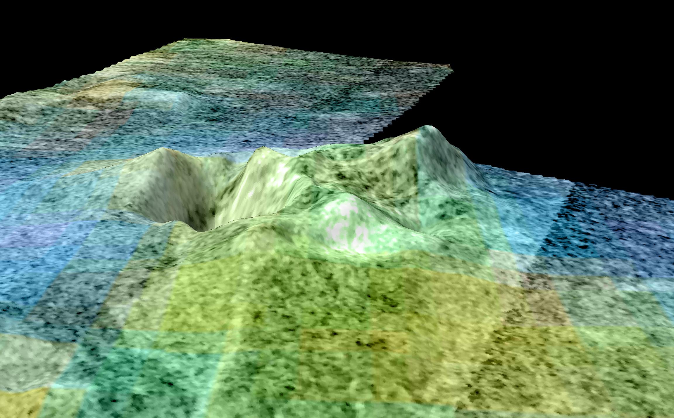 On pense depuis quelques années que Sotra Patera, sur Titan, anciennement appelée Sotra Facula, est un cryovolcan sous la forme d'une caldeira. Presque circulaire et mesurant environ 65 kilomètres de diamètre, il possède deux pics d'environ 1.000 et 1.500 mètres de hauteur. © Nasa/JPL-Caltech/ASI/USGS/University of Arizona