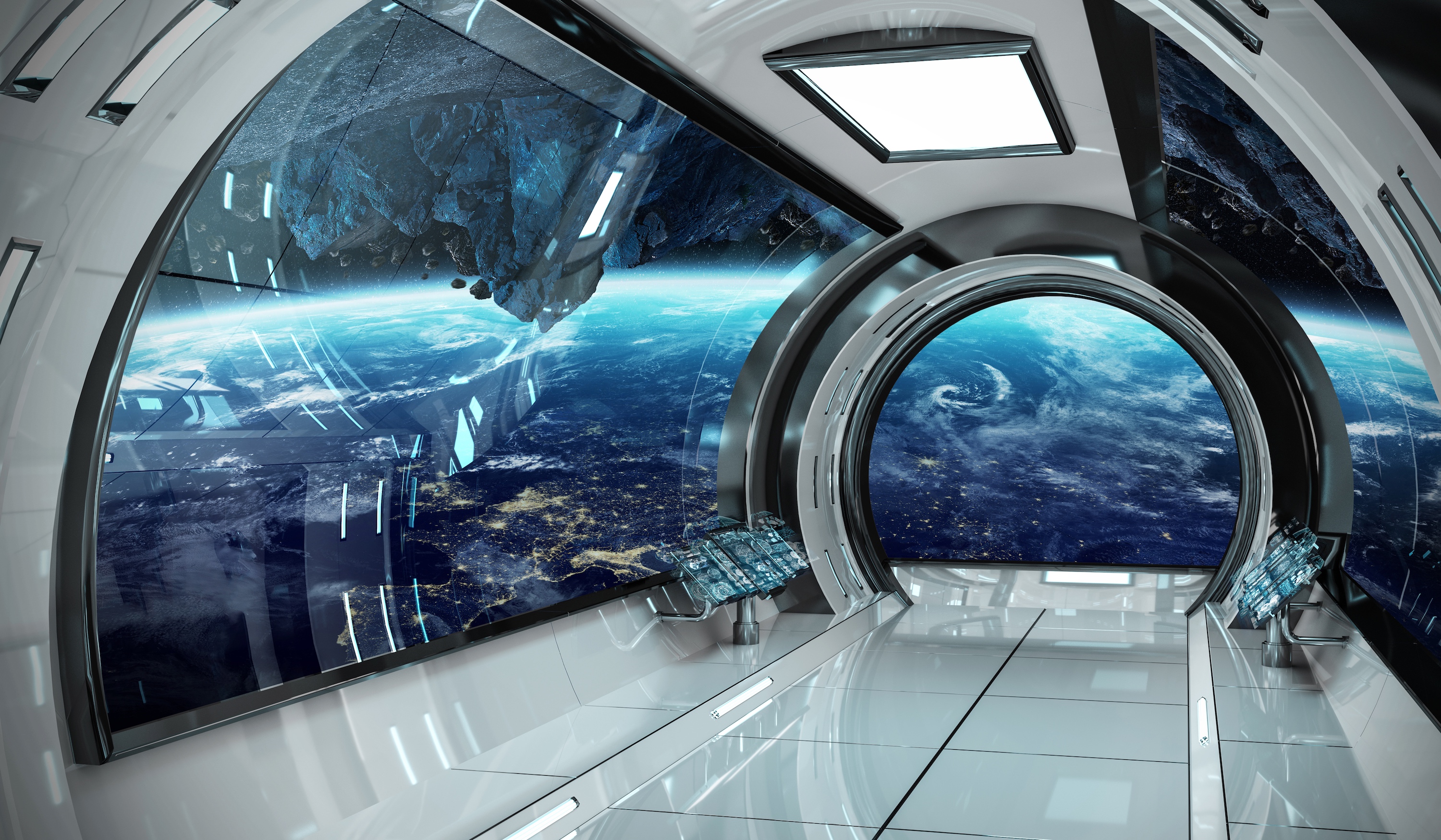 Illustration de l'intérieur d'un complexe orbital avec vue sur la Terre. © &nbsp;sdecoret, Adobe Stock