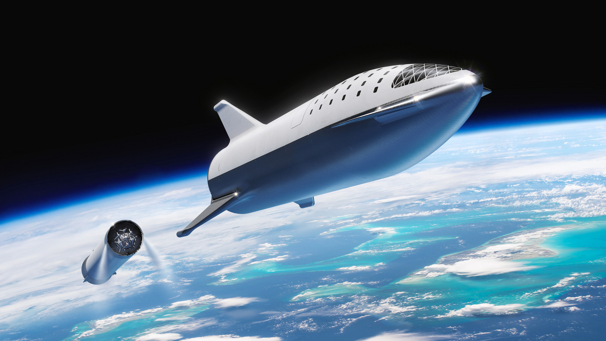 Le Super Heavy et le Starship de SpaceX. Le Starship devrait mesurer 55 mètres de haut pour un diamètre de 9 mètres et propulsé par 7 moteurs Raptor d'une poussée de 11,9 méganewtons. Pour Super Heavy (l'étage principal), il aurait un même diamètre pour une hauteur de 63 mètres et propulsé par 31 moteurs Raptor. Ensemble, ces moteurs généreront une poussée au décollage de 52,7 méganewtons. © SpaceX