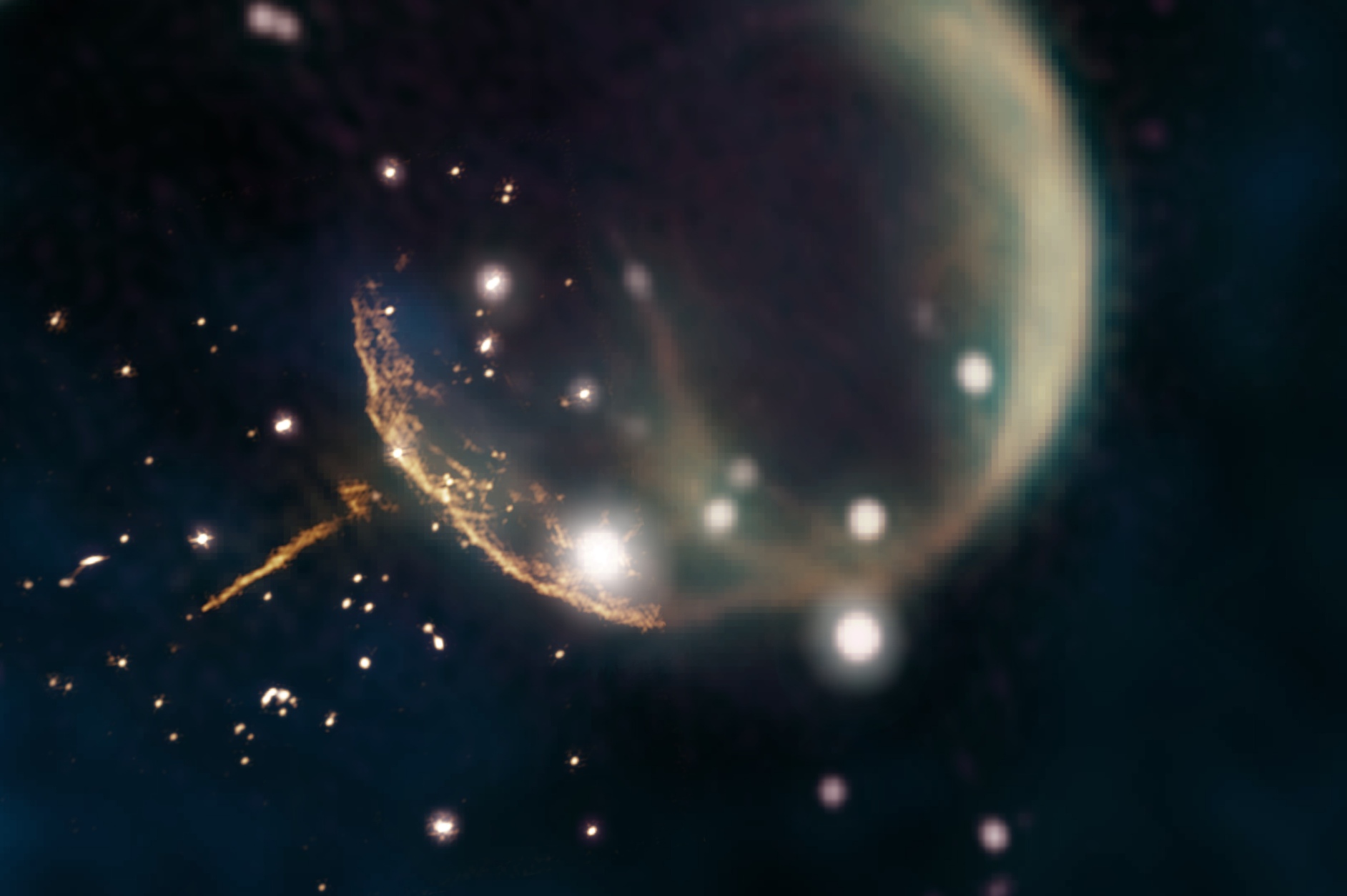 Le reste de la supernova CTB 1 ressemble à une bulle fantomatique sur cette image, qui associe les nouvelles observations à 1,5 gigahertz du radiotélescope Very Large Array ou VLA (orange, proche du centre) à des observations plus anciennes provenant du Canadian Galactic Plane Survey de l’observatoire fédéral de radioastrophysique (1,42 gigahertz, magenta et jaune ; 408 mégahertz, vert) et données infrarouges (bleu). Les données VLA révèlent clairement la trace droite brillante du pulsar J0002 + 6216 et le bord incurvé de la coquille du reste de la supernova. © Image composite de Jayanne English, Université du Manitoba, utilisant les données de NRAO/F. Schinzel et al., DRAO/Canadian Galactic Plane Survey et Nasa/Iras