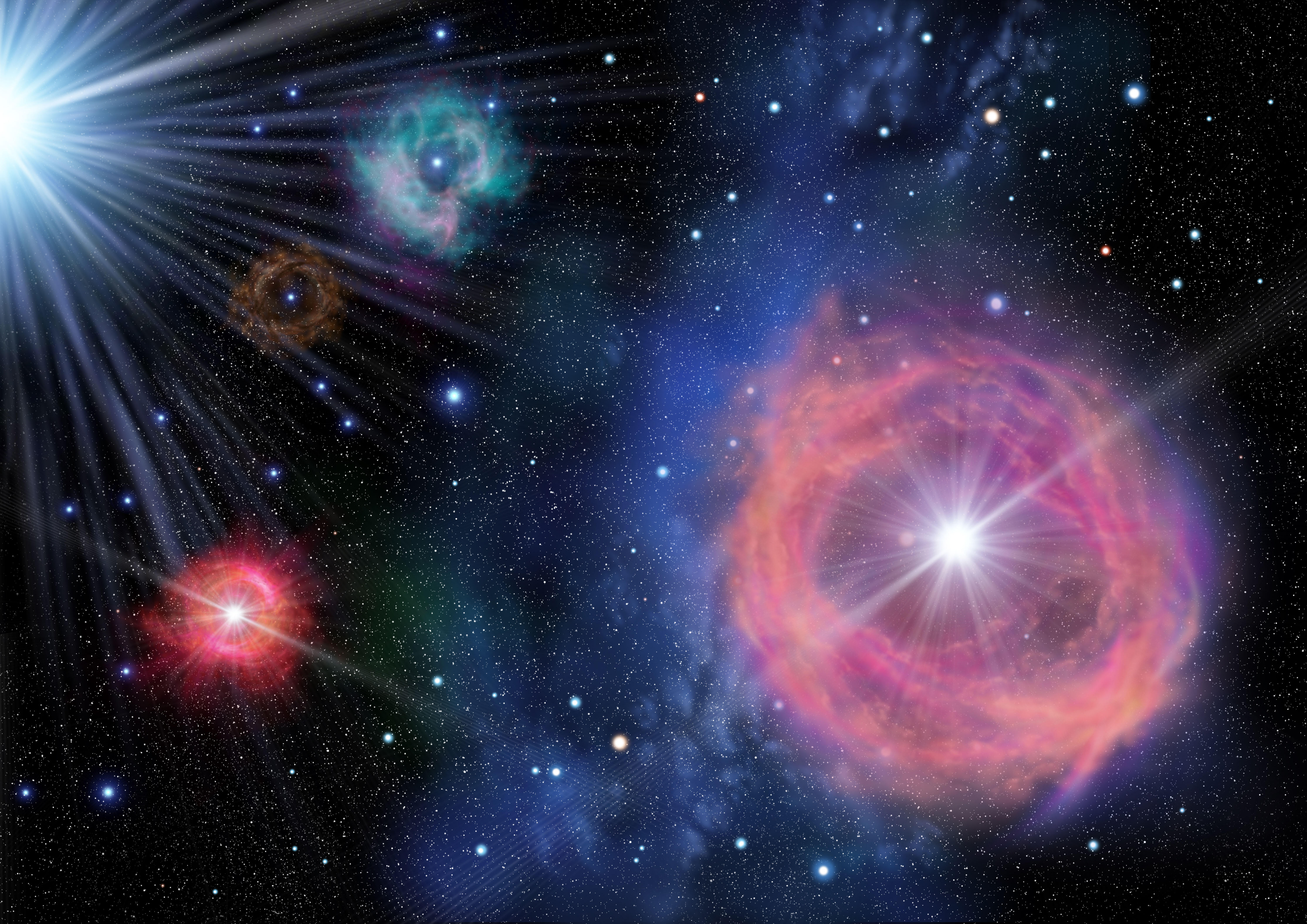 Représentation d'artiste d'étoiles massives et lumineuses de première génération dans l'Univers qui formeraient un amas. Les plus massives ont explosé et éjecté de la matière fournissant des éléments lourds dans les nuages de gaz environnants. © NAOC  