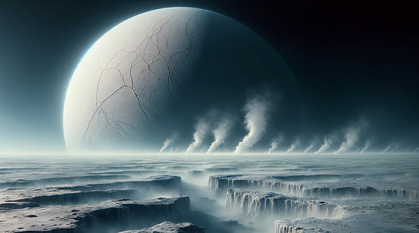 Illustration générée à l'aide d'une IA de la surface d'Encelade, au premier plan, et de la lune elle-même à l'arrière-plan. © XD, Futura avec Dall-e