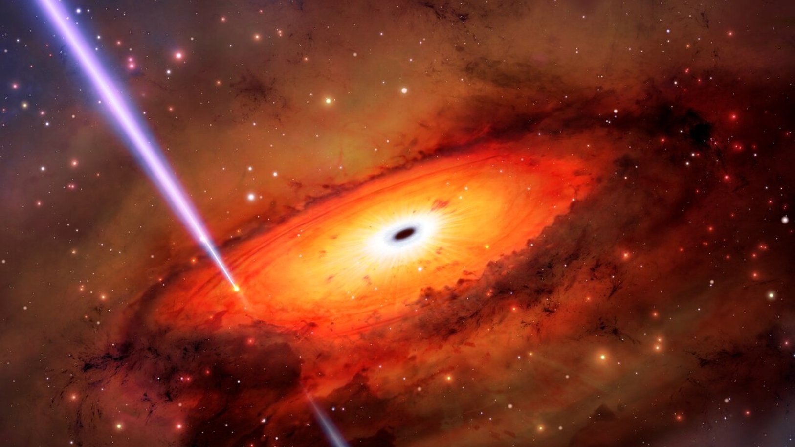 Les astronomes qui étudient un puissant sursaut gamma (GRB) avec l'Observatoire international Gemini, exploité par le NOIRLab de la NSF, ont peut-être observé une manière inédite de détruire une étoile. Contrairement à la plupart des GRB, qui sont causés par l'explosion d'étoiles massives ou la fusion fortuite d'étoiles à neutrons, les astronomes ont conclu que ce GRB provenait plutôt de la collision d'étoiles ou de restes stellaires dans l'environnement saturé entourant un trou noir supermassif au cœur de une ancienne galaxie. © Observatoire international Gemini/NOIRLab/NSF/AURA/M. Ail/M. Zamani