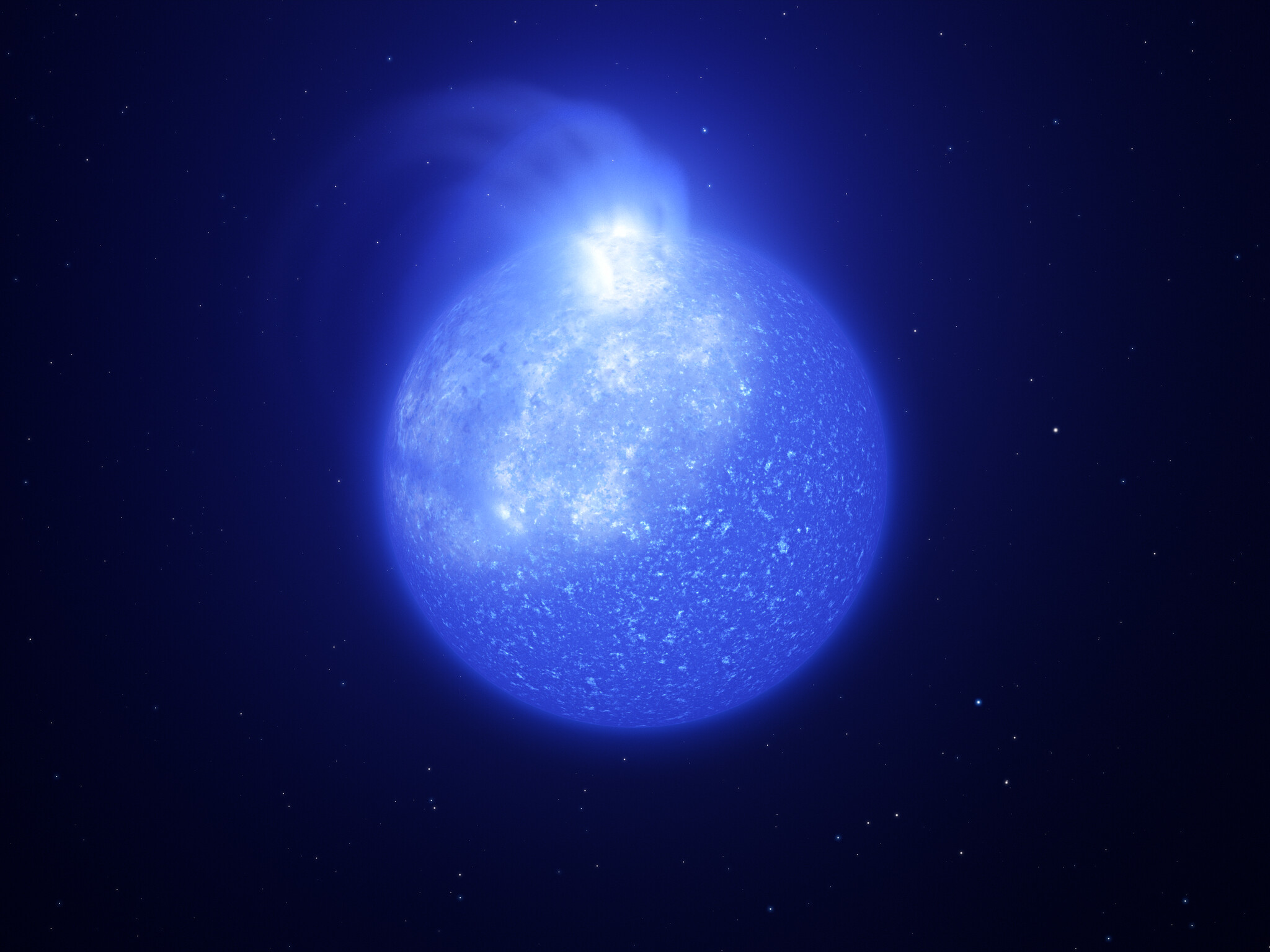 Les astronomes utilisant les télescopes de l'ESO ont découvert des taches géantes à la surface d'étoiles extrêmement chaudes cachées dans des amas stellaires. Ces étoiles sont appelées étoiles de la branche horizontale extrême. Cette image montre une représentation artistique de ce à quoi pourrait ressembler l'une de ces étoiles et sa tache blanchâtre géante. La tache est brillante, occupe un quart de la surface de l'étoile et est causée par des champs magnétiques. Lorsque l'étoile tourne, la tache à sa surface va et vient, provoquant des changements visibles de sa luminosité. © ESO/L. Calçada, INAF-Padua/S. Zaggia