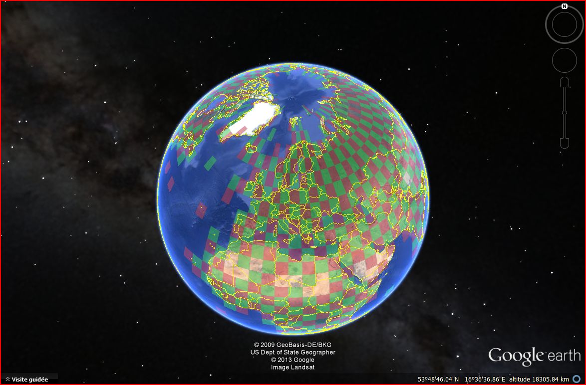 Sur cette carte, seuls quelques territoires ne sont pas colorés en rouge ou en vert, comme au niveau du Sahara. Cela signifie qu’ils n’abritent pas de station météorologique et donc qu’aucune donnée de température n’y est disponible. © Google Earth