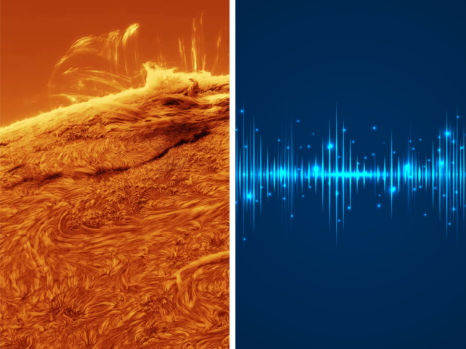 La nouvelle mission de la Nasa s'intéresse à ces mystérieuses ondes radio solaires détectées. À gauche, Solar Pulsation, © Wenlian LI ; À droite, © Canva Pro