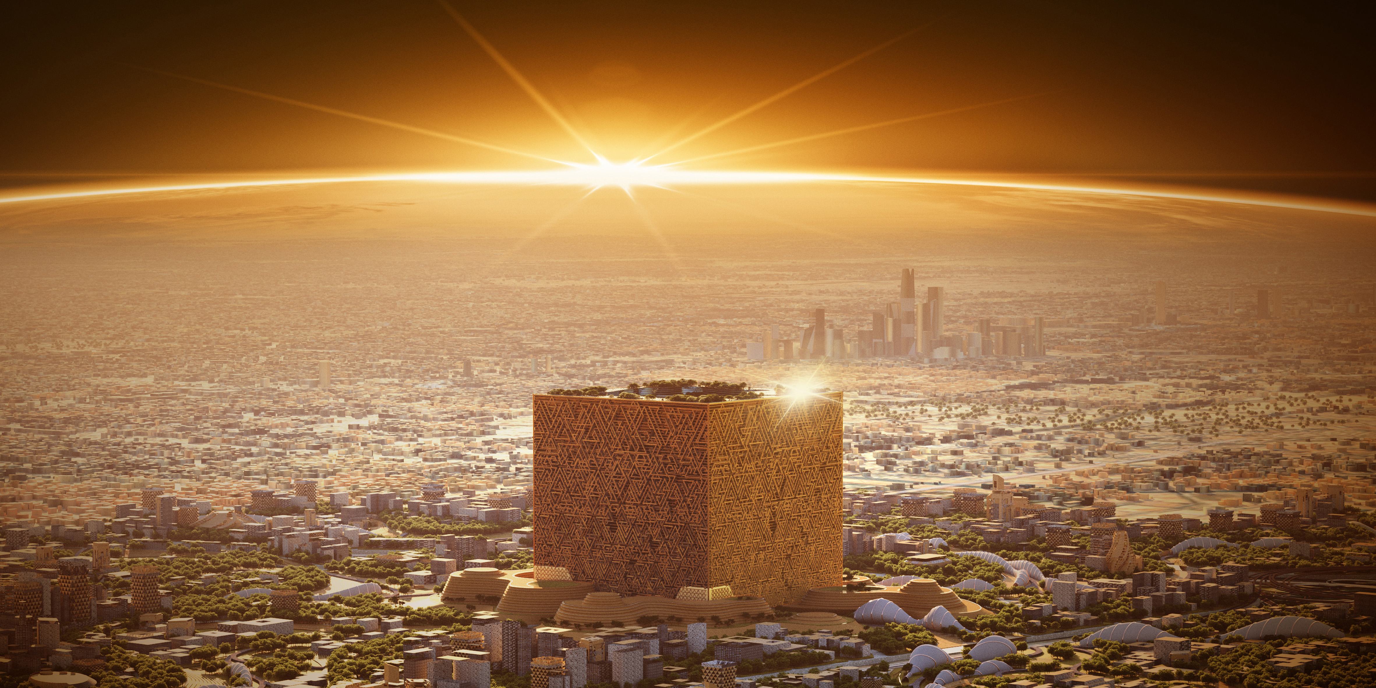 Une image du projet Le Mukaab visant à construire un immense cube de 400 mètres de haut, dans lequel pourraient se loger vingt gratte-ciels comme l'Empire State Buildings. Il serait le cœur de la ville nouvelle, baptisée New Murabba qui viendrait double la population de Riyad. © Fond d'investissement public de l'Arabie Saoudite