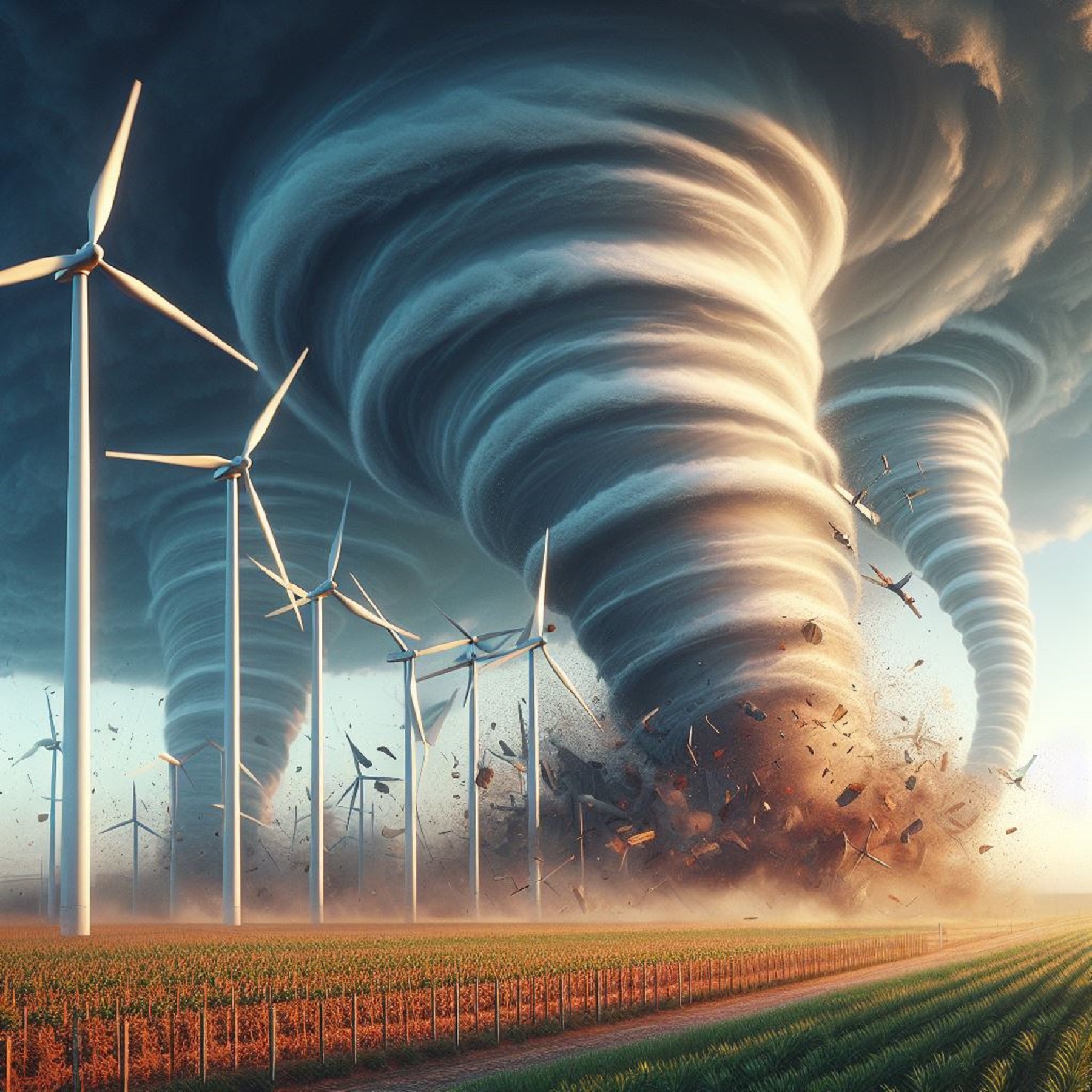 Illustration générée à l'aide d'une IA : un champ d'éoliennes a été pulvérisé par une tornade principale entourée de multiples autres tourbillons. © Karine Durand, Bing Image 