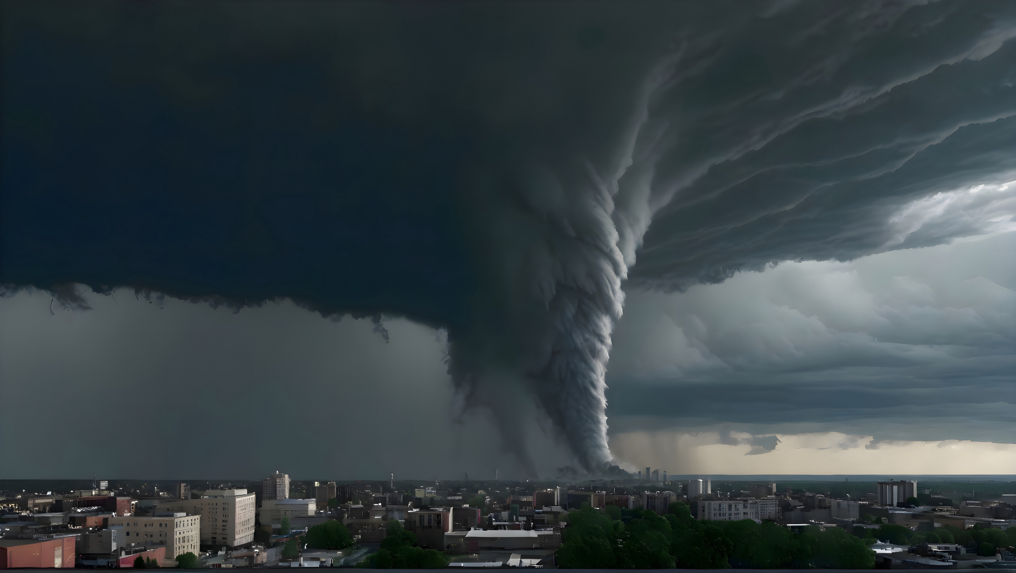Représentation par l'intelligence artificielle d'une tornade frappant Birmingham. © Nataliya, Adobe Stock