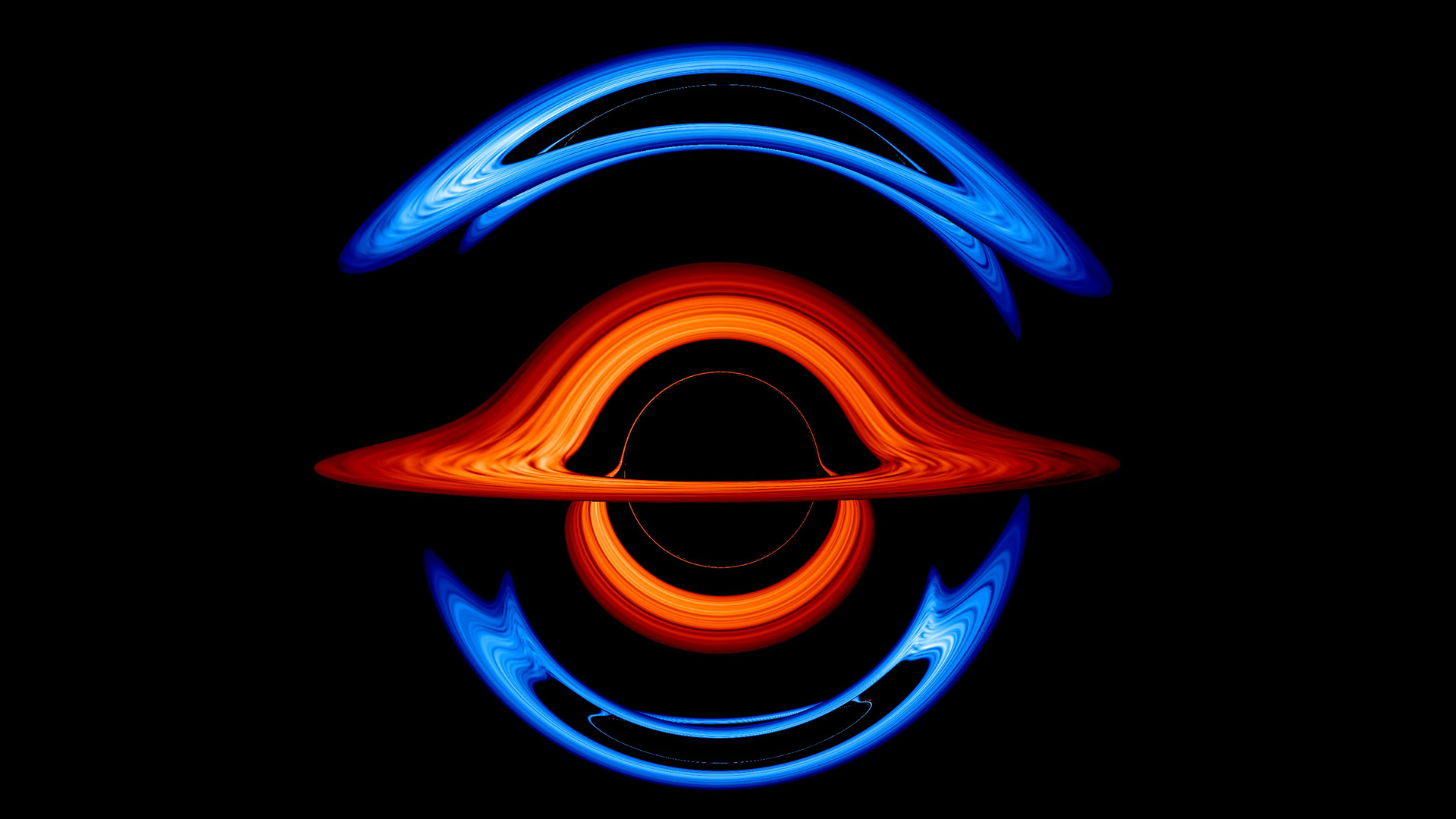 Sur cette image issue d'une simulation, un trou noir supermassif pesant 200 millions de masses solaires se trouve au premier plan. Sa gravité déforme la lumière du disque d'accrétion d'un petit trou noir compagnon presque directement derrière lui, créant cette vue surréaliste. Différentes couleurs pour les disques d'accrétion facilitent le suivi des contributions de chacun des trous noirs.&nbsp;© Centre de vol spatial Goddard de la Nasa,&nbsp;Jeremy Schnittman et Brian P. Powell