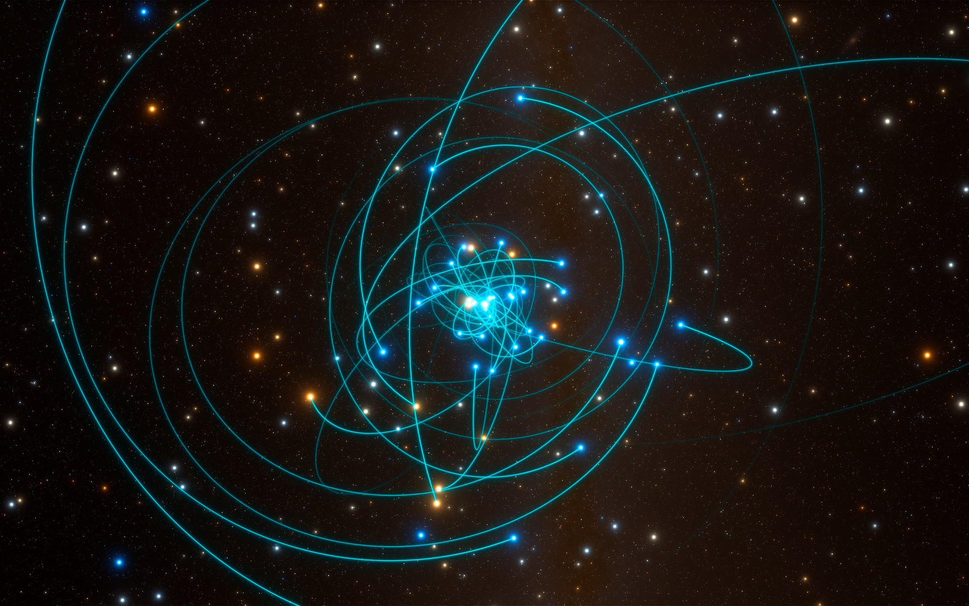 Cette simulation figure les orbites d’étoiles situées à très grande proximité du trou noir supermassif qui occupe le centre de la Voie lactée. L’une de ces étoiles, baptisée S2, est caractérisée par une périodicité orbitale de 16 années. Elle passa à très grande proximité du trou noir en mai 2018. Cet environnement constitue le laboratoire de test idéal de la physique gravitationnelle, et plus particulièrement de la théorie de la relativité générale d’Einstein. © ESO, L. Calçada, spaceengine.org