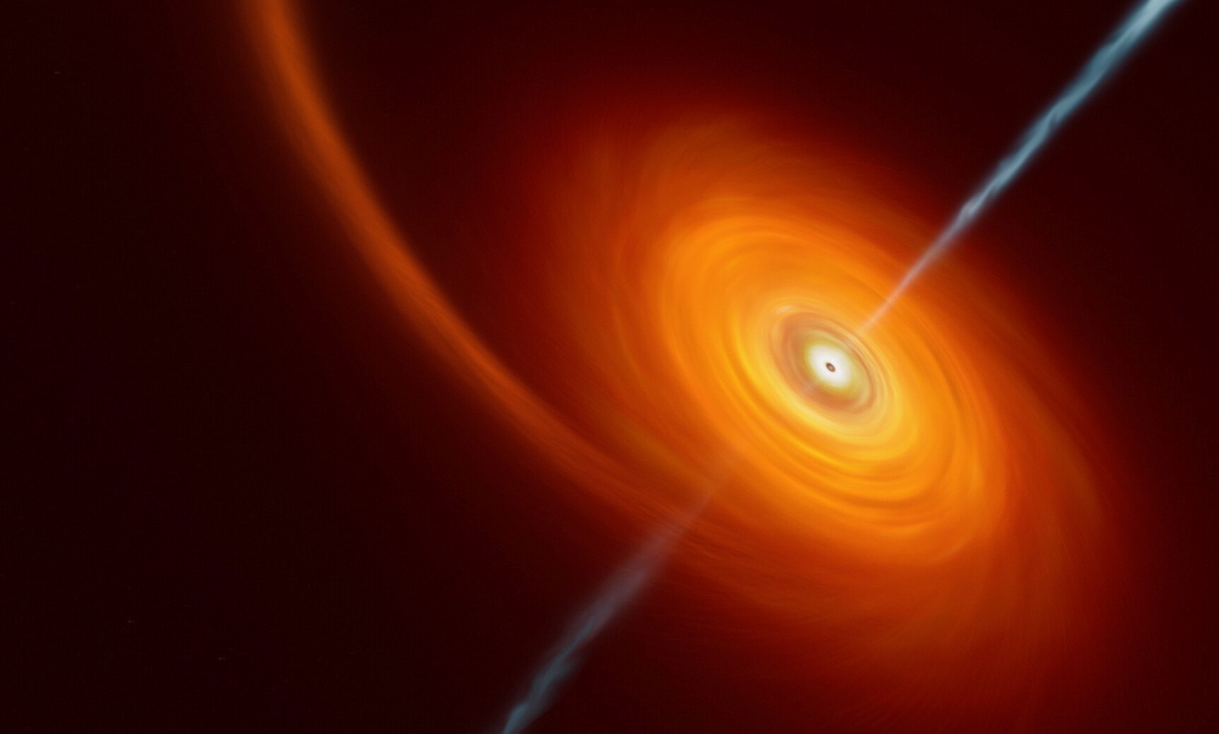 Cette vue d'artiste illustre ce qui se passe lorsqu'une étoile s'approche trop près d'un trou noir, où elle est comprimée par son intense attraction gravitationnelle. Une partie de la matière de l'étoile est aspirée et tourbillonne autour du trou noir, formant le disque que l'on peut voir sur cette image. Dans de rares cas, comme celui-ci, des jets de matière et de rayonnements sont projetés depuis les pôles du trou noir. Dans le cas de l'événement AT2022cmc, les preuves de ces jets ont été détectées par différents télescopes, dont le VLT, qui a déterminé qu'il s'agissait de l'exemple le plus éloigné d'un tel événement. © M.Kornmesser, ESO