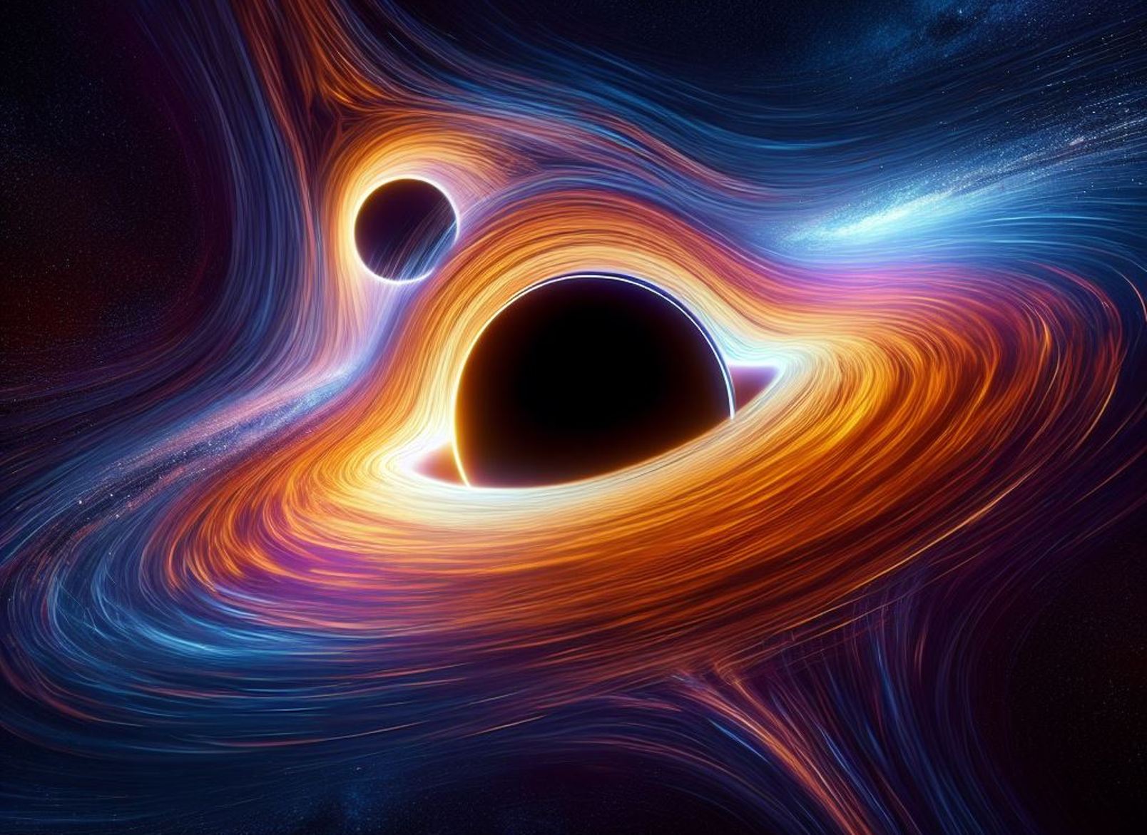 Une vue de l'IA Designer de Bing d'un trou noir supermassif binaire. © 2024 Microsoft Corporation
