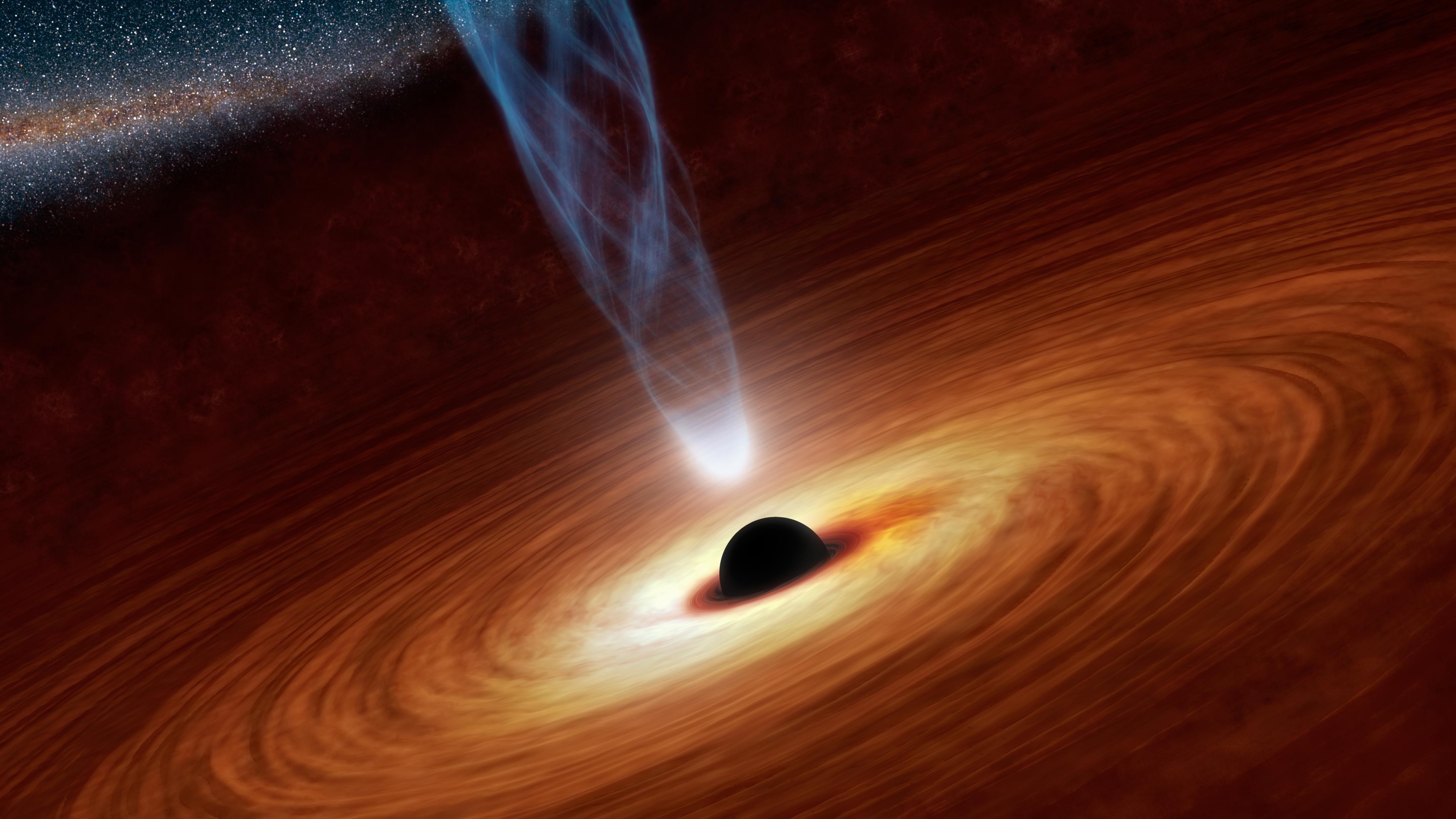 Représentation d'un trou noir, avec son disque d'accrétion et un jet de matière relativiste. © Nasa, Caltech-JPL