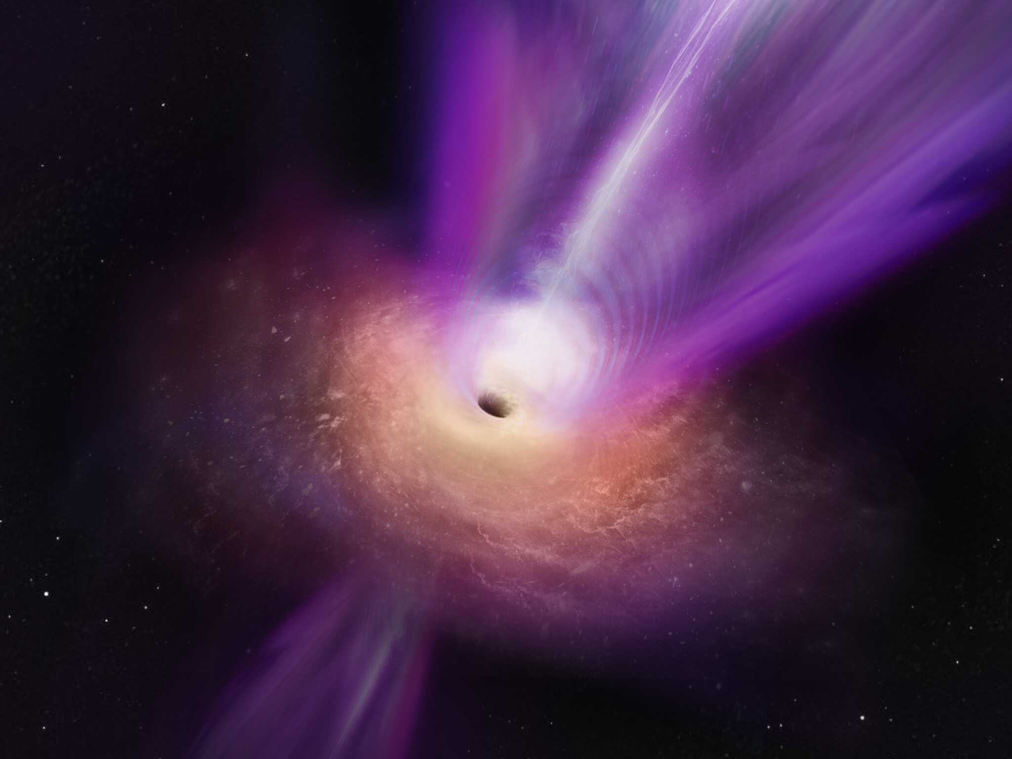 Les scientifiques qui observent le noyau radio compact de M87 ont découvert de nouveaux détails sur le trou noir supermassif de la galaxie. Sur cette vue d'artiste, on voit le jet massif du trou noir s'élever à partir du centre du trou noir. Les observations sur lesquelles se base cette illustration représentent la première fois que le jet et l'ombre du trou noir ont été photographiés ensemble, ce qui permet aux scientifiques de mieux comprendre comment les trous noirs peuvent propulser ces puissants jets. © S. Dagnello (NRAO, AUI, NSF) 