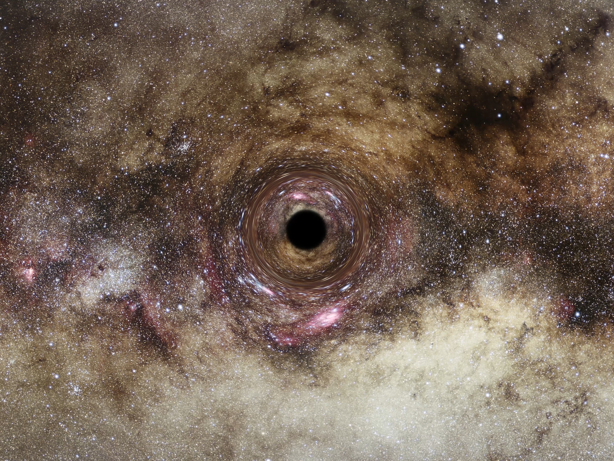 Voici une vue d'artiste d'un trou noir dérivant dans notre Galaxie, la Voie lactée. Le trou noir est le reste écrasé d'une étoile massive qui a explosé en supernova. Le noyau survivant est de plusieurs fois la masse de notre Soleil. Le trou noir piège la lumière en raison de son champ gravitationnel intense. Le trou noir déforme l'espace qui l'entoure, ce qui déforme les images d'étoiles d'arrière-plan alignées presque directement derrière lui. Cet effet de « lentille » gravitationnelle offre la seule preuve révélatrice de l'existence de trous noirs solitaires errant dans notre Galaxie, dont la population pourrait atteindre 100 millions. Le télescope spatial Hubble part à la recherche de ces trous noirs en recherchant la distorsion de la lumière des étoiles lorsque les trous noirs dérivent devant les étoiles de fond. © ESA, Hubble, Digitized Sky Survey, Nick Risinger (skysurvey.org), N. Bartmann
