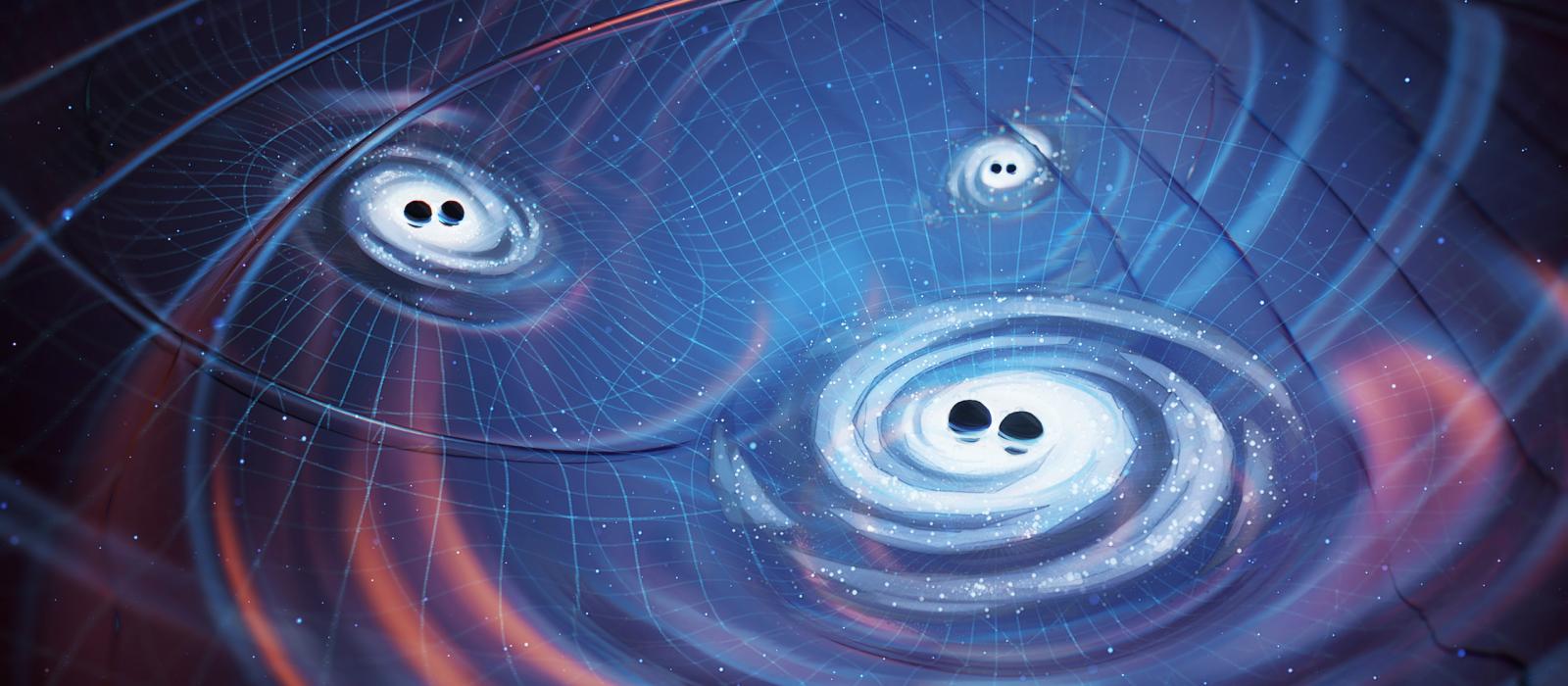 Les systèmes binaires de trous noirs binaires supermassifs au cœur des galaxies produisent des ondulations dans l'espace-temps appelées ondes gravitationnelles. Les ondes gravitationnelles de tous les binaires de trous noirs supermassifs de l'Univers se combinent pour former un fond stochastique que nous pouvons détecter en utilisant la synchronisation des pulsars. © Olena Shmahalo