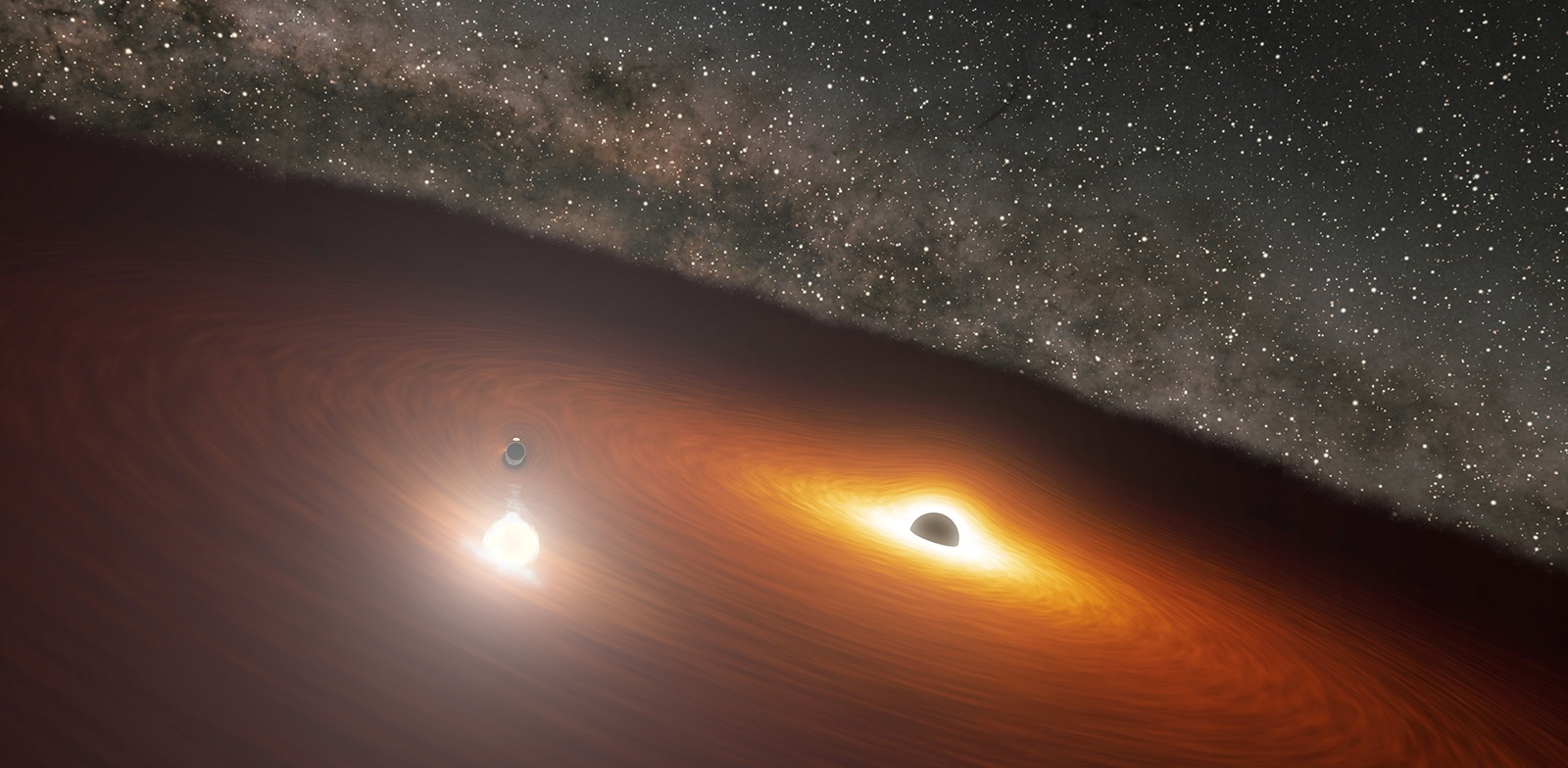 Cette image d'artiste montre deux trous noirs supermassifs dans la galaxie possédant le quasar nommé OJ 287. Le plus petit trou noir tourne autour du plus grand, qui est également entouré d'un disque de gaz. Lorsque le plus petit trou noir traverse le disque, il produit un flash de lumière dont la luminosité est  supérieure à 1 milliard d'étoiles. © Nasa/JPL-Caltech