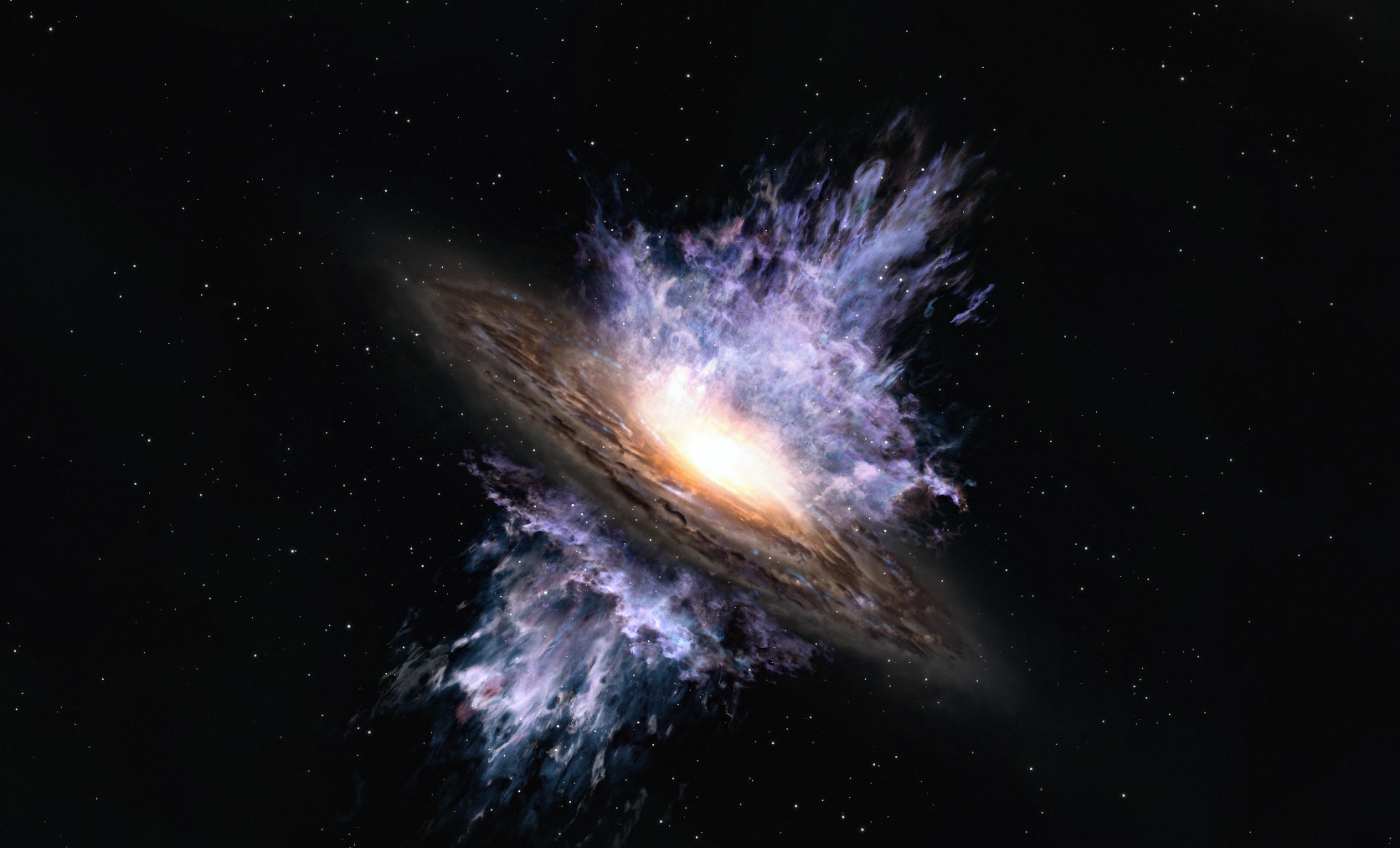 Vue d'artiste des vents galactiques produits par un trou noir supermassif situé au centre d'une galaxie. L'énergie intense émanant du trou noir crée un flux de gaz à l'échelle de la galaxie qui souffle la matière interstellaire qui est le matériau de formation des étoiles.&nbsp;© Alma&nbsp;(ESO / NAOJ / NRAO)