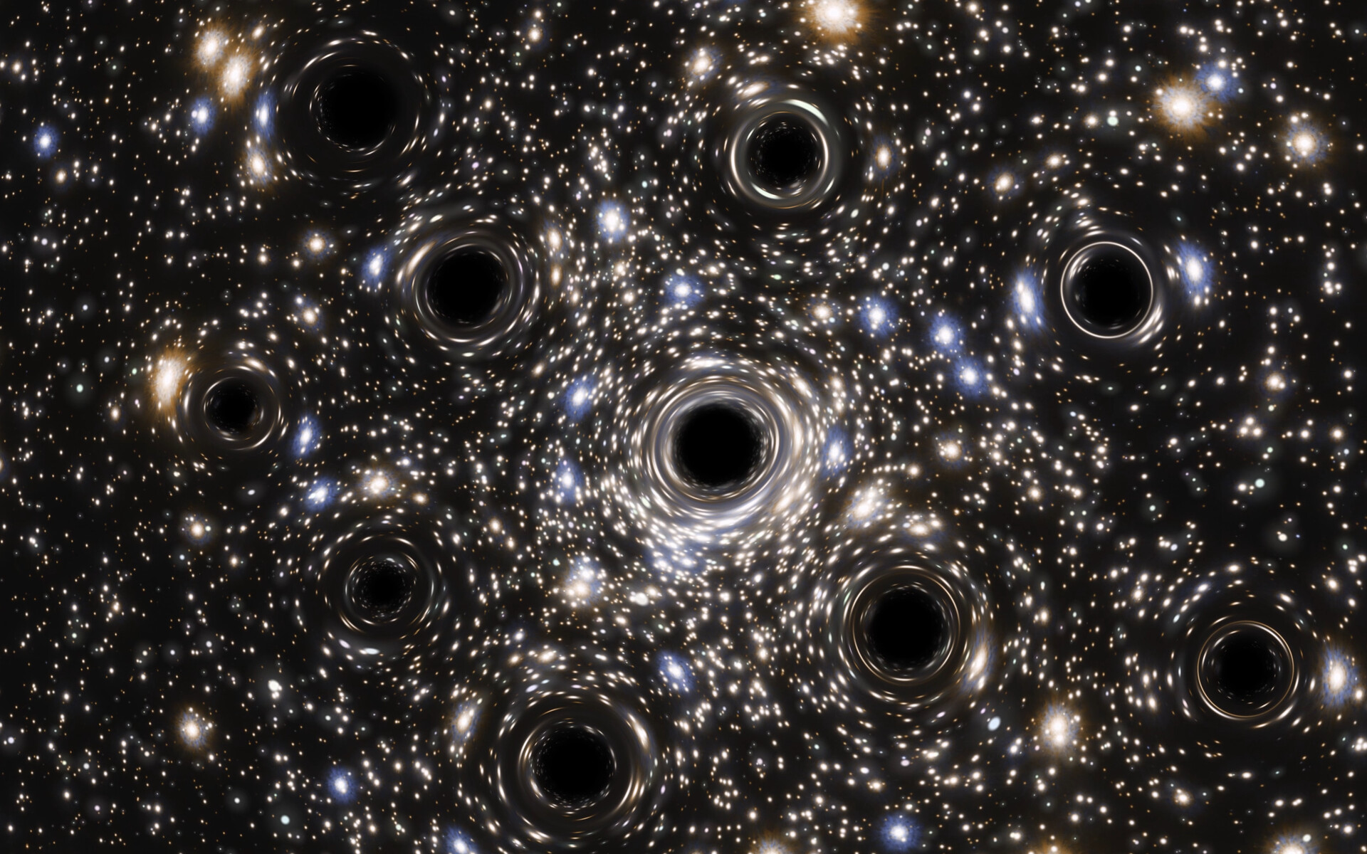 Une vue d'artiste des trous noirs dans NGC 6397, rendus « visibles » par des effets de lentilles gravitationnelles. © ESA, Hubble, N. Bartmann&nbsp;