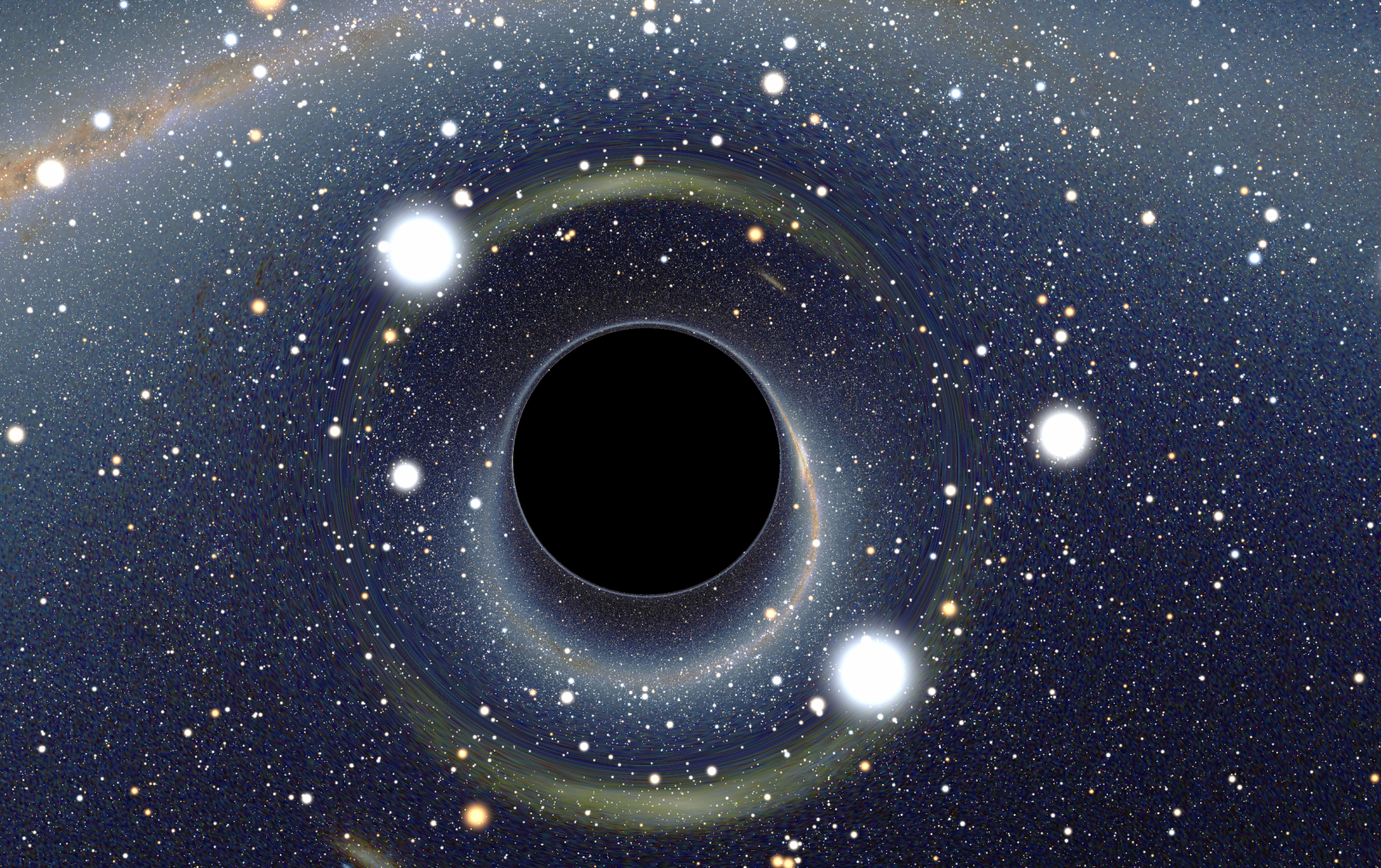 Image générée par ordinateur des distorsions causées par un trou noir à symétrie sphérique et non chargé (trou noir de Schwarzschild). © Alain Riazuelo, IAP/UPMC/CNRS, CC by-sa&nbsp;3.0