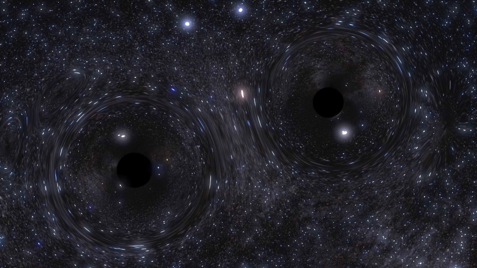 Une vue d'artiste d'un trou noir binaire et de ses effets de lentille gravitationnelle. © Northwestern Visualization/Carl Rodriguez