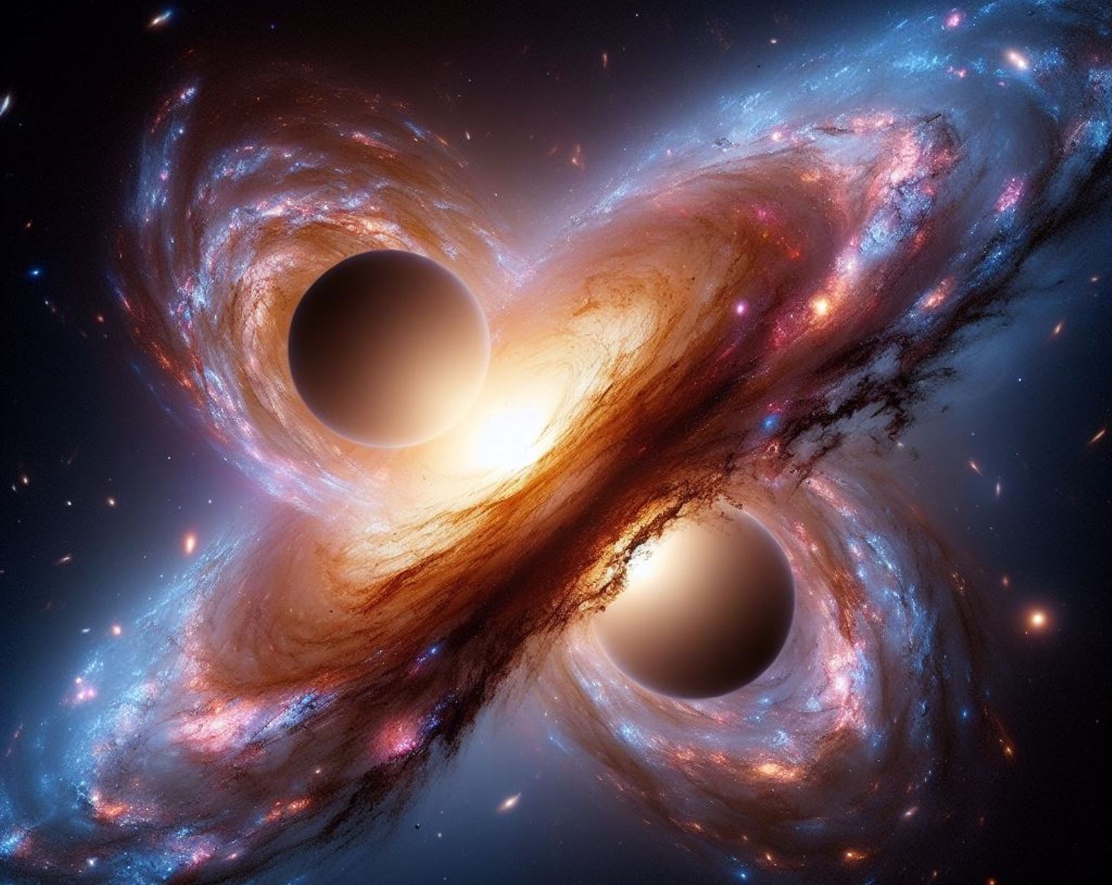 Une vue de deux trous noirs géants avec une collision de galaxies par une IA. © IA BING Designer Microsoft Corporation    