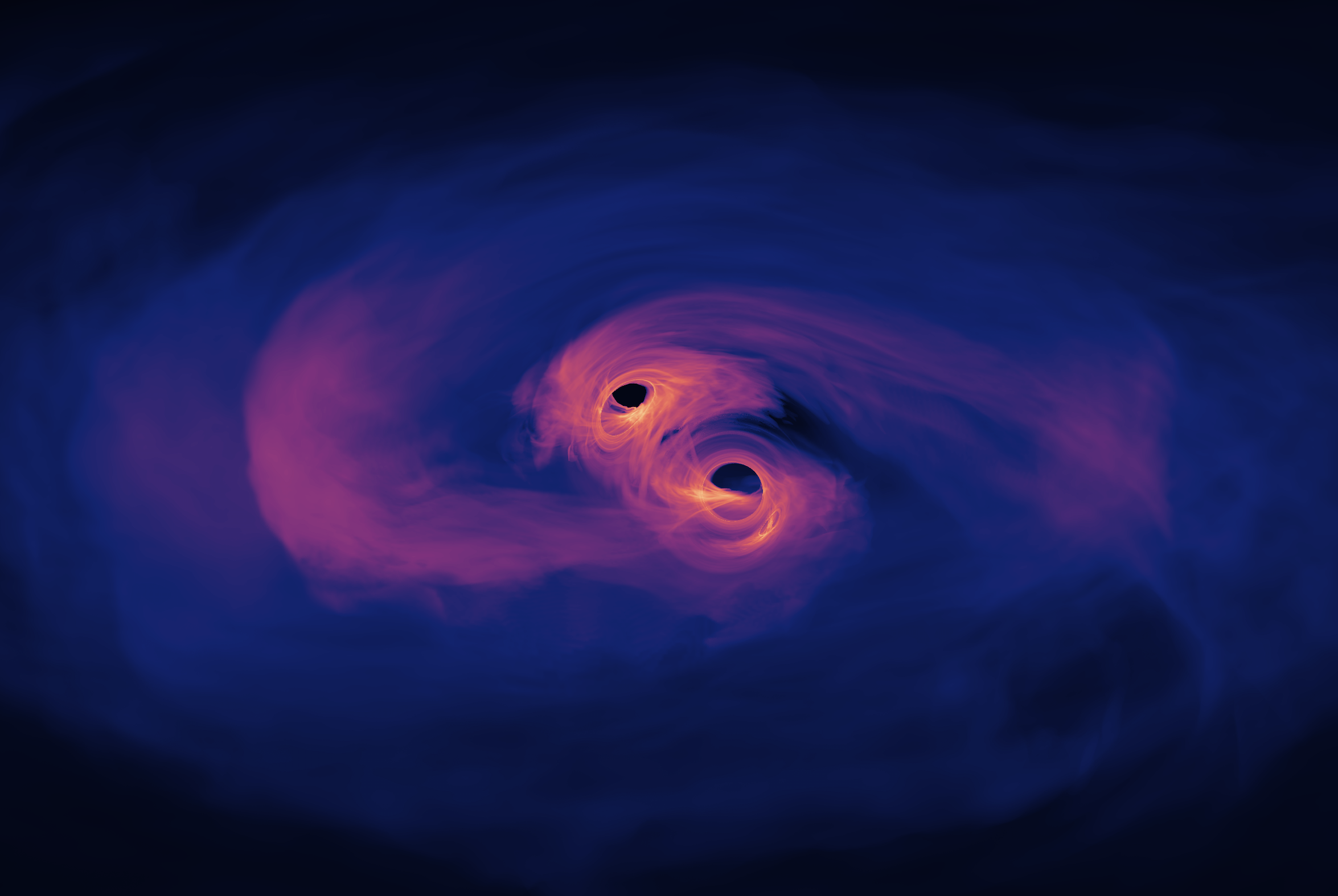 Un extrait d'une simulation d'un trou noir supermassif binaire avec ses disques d'accrétion. © Nasa’s Goddard Space Flight Center