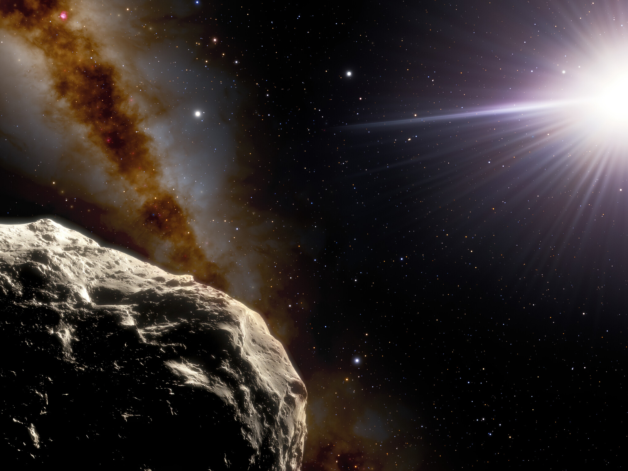 À l'aide du télescope SOAR (Southern Astrophysical Research) de 4,1 mètres sur le Cerro Pachón au Chili, les astronomes ont confirmé qu'un astéroïde découvert en 2020 par l'enquête Pan-STARRS1, appelé 2020 XL5, est bien un troyen. Dans cette illustration, l'astéroïde est représenté au premier plan en bas à gauche. Les deux points brillants au-dessus à l'extrême gauche sont la Terre (à droite) et la Lune (à gauche). Le Soleil apparaît à droite. © NOIRLab, NSF, AURA, J. Da Silva