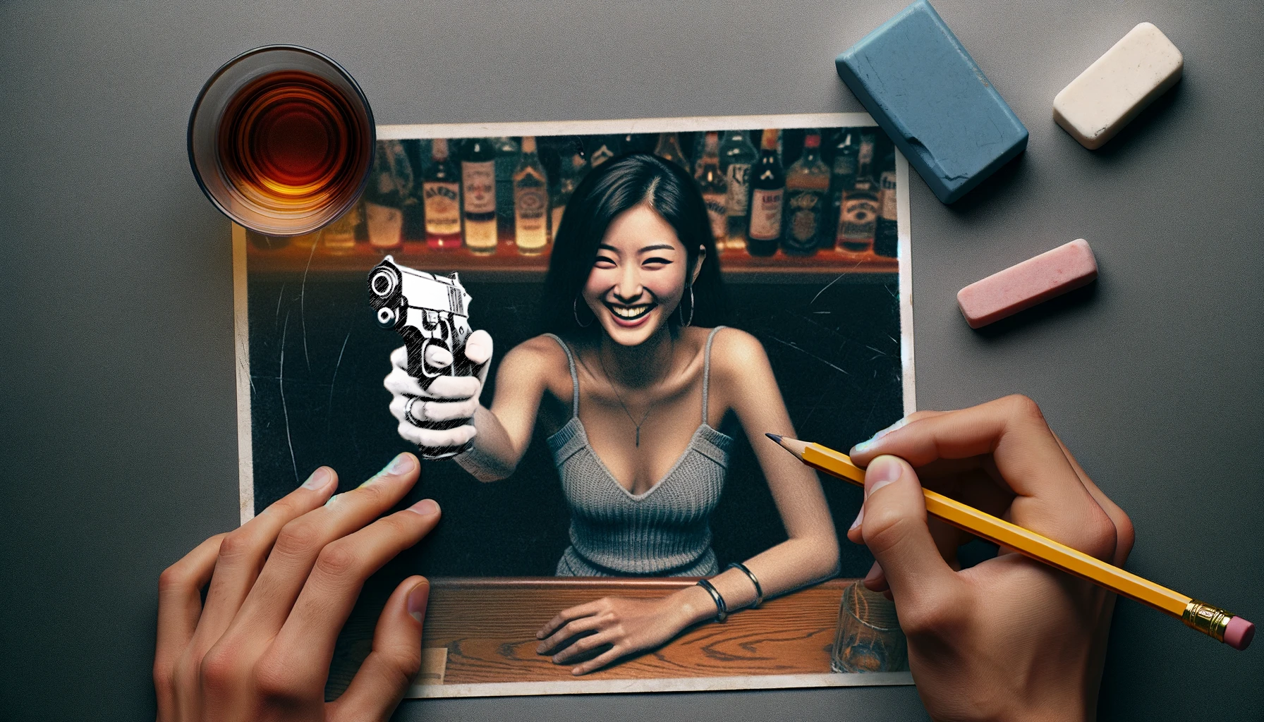 Une photo d'une jeune femme souriante a été altérée par un dessinateur pour donner l'impression qu'elle tient une arme (crayonnée sur la photo). © Dall.E