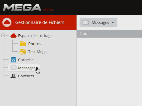 Dans l’interface de Mega figure déjà un dossier « Messages », qui devrait accueillir le futur service de courriel crypté promis par Kim Dotcom. © Marc Zaffagni, Futura-Sciences