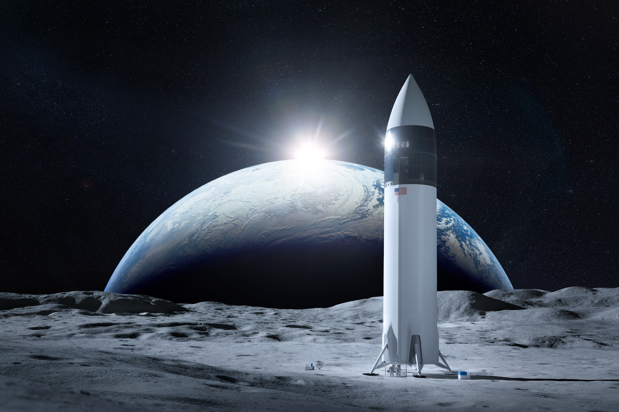 La Nasa envisage un atterrissage lunaire avec équipage dès 2026. Ici, un vaisseau spatial sur la surface de la Lune avec la planète Terre en toile de fond (éléments de cette image fournis par la Nasa). © Paopano, Adobe Stock