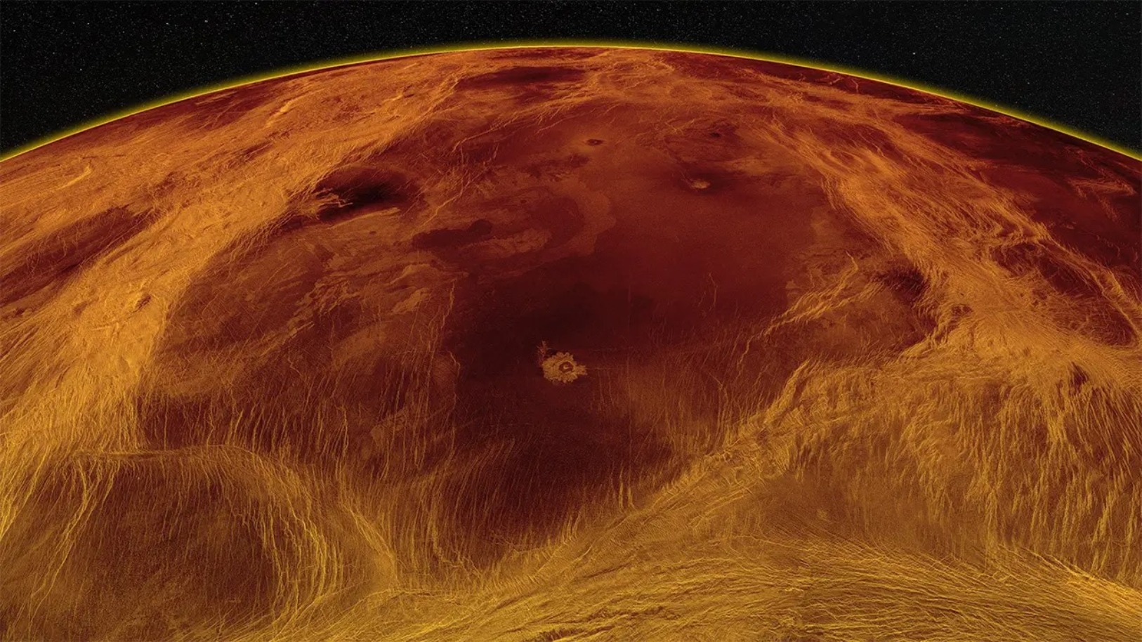 Une vue radar oblique du plus grand bloc des basses terres de Vénus identifié par Byrne et al. Des ceintures complexes de structures tectoniques délimitent le bloc, mais l'intérieur est beaucoup moins déformé, abritant des coulées de lave et une poignée de cratères d'impact. © Paul Byrne, d'après les images originales de la NASA/JPL.