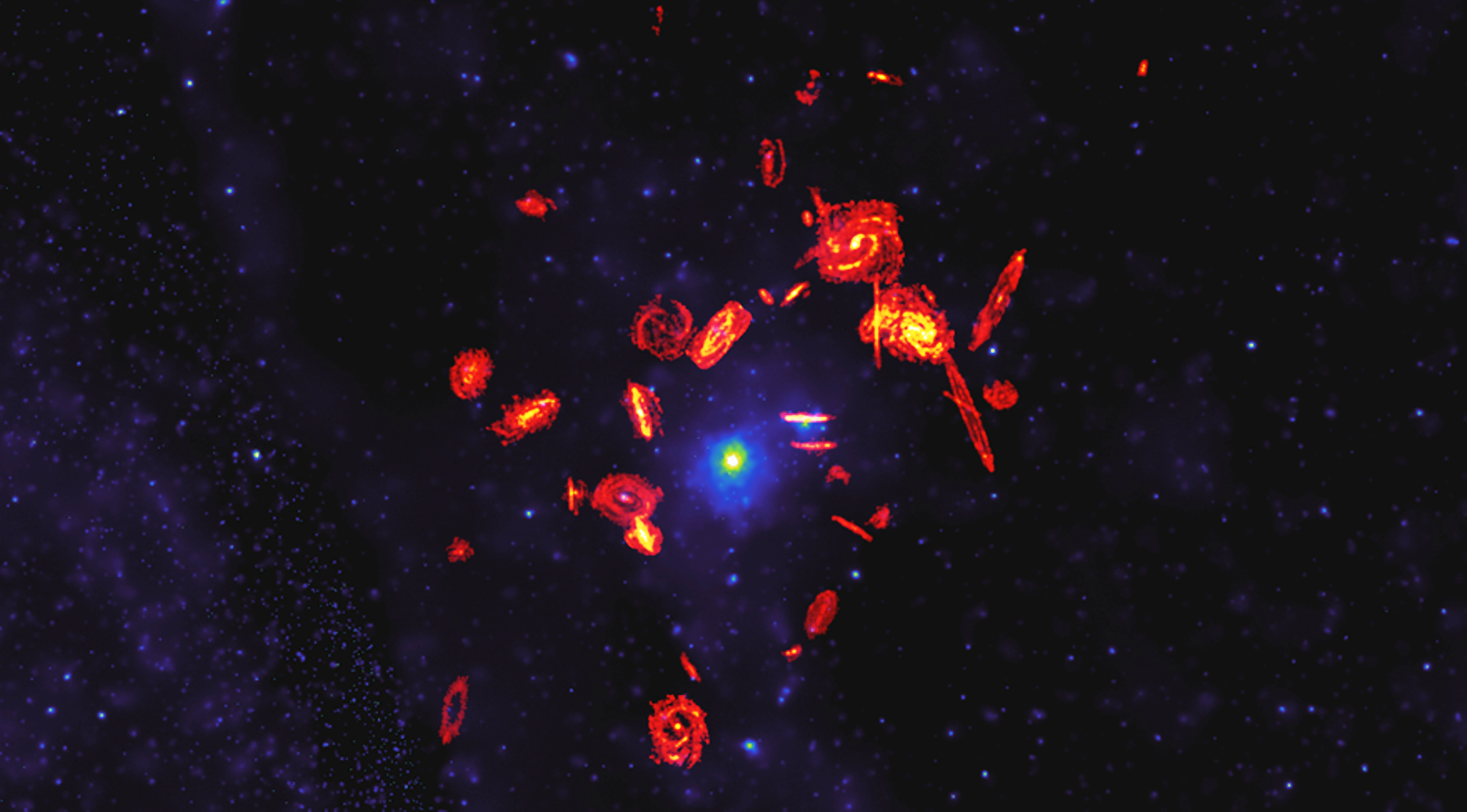 L'étude Vertico (Virgo Environment Traced in Carbon Monoxide Survey)&nbsp;a observé les réservoirs de gaz de 51&nbsp;galaxies de l'amas de la Vierge et a découvert que l'environnement extrême de cet amas tuait les galaxies en les privant de leur hydrogène gazeux moléculaire servant à la formation d'étoiles. On voit ici une image composite, provenant de données du radiotélescope Alma, sur laquelle les disques de gaz moléculaire des galaxies Vertico sont augmentés par une résolution de 20. Elles sont superposées à l'image en rayons X de plasma surchauffé de l'amas de la Vierge. ©&nbsp;Alma (ESO/NAOJ/NRAO)/S. Dagnello (NRAO)/Böhringer et al. (ROSAT All-Sky Survey)&nbsp;