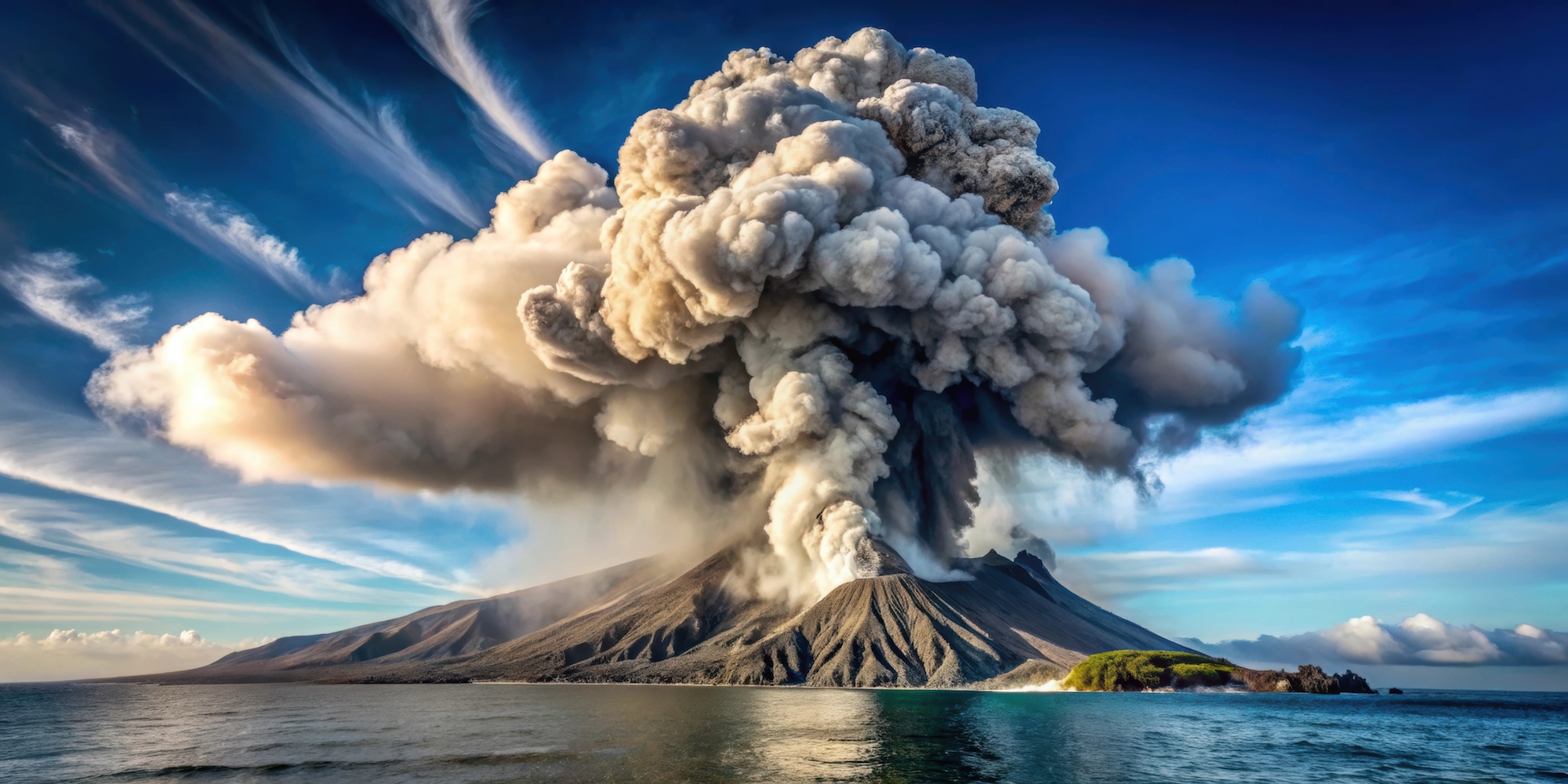 Les gaz et aérosols projetés dans l'atmosphère lors des puissantes éruptions volcaniques peuvent impacter le climat (image générée par IA). © lapeepon, Adobe Stock