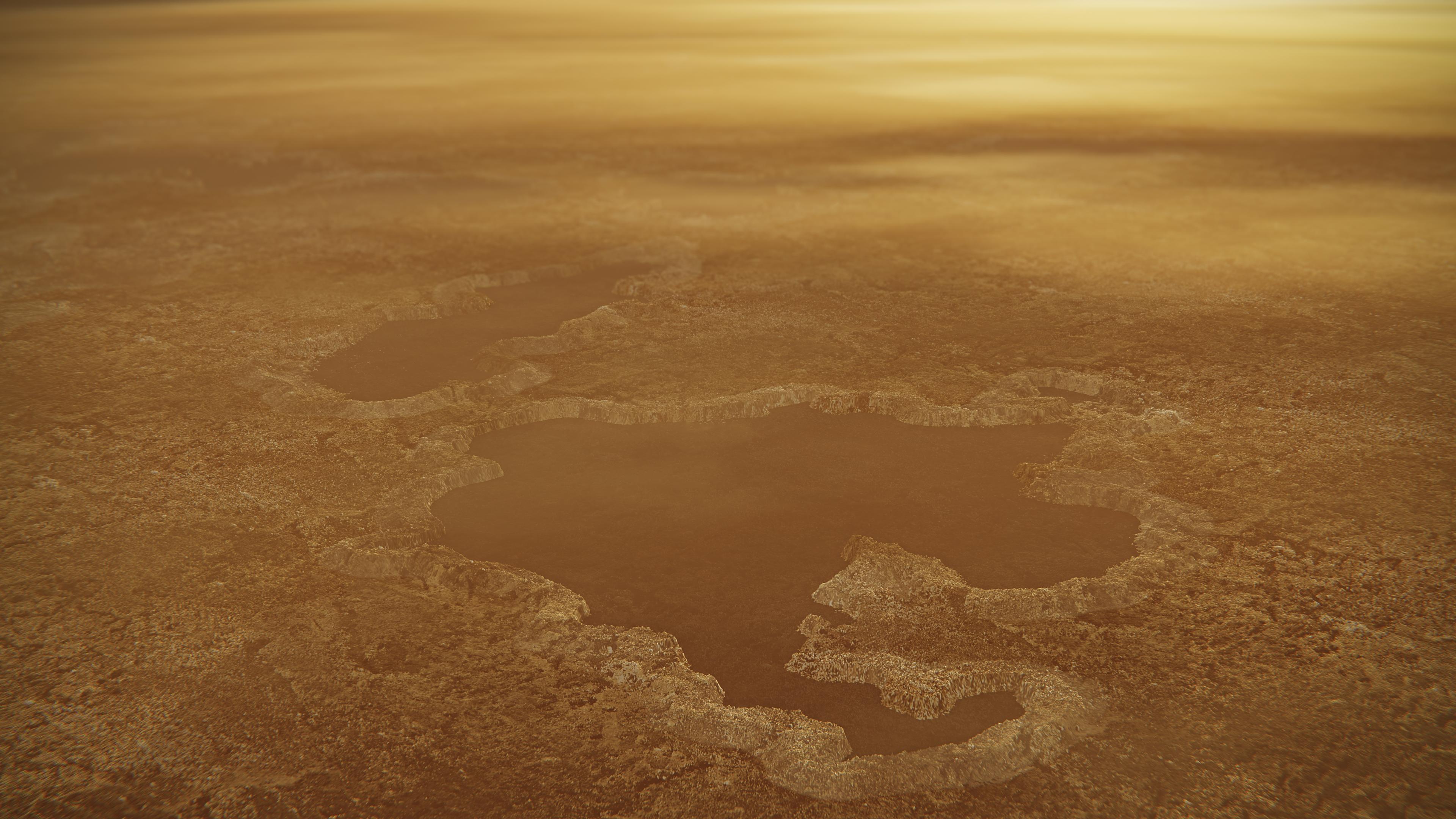 Image radar en fausses couleurs de lacs à la surface de Titan, en particulier Winnipeg Lacus. © Nasa