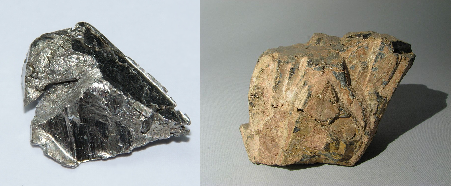 L'ytterbium (à gauche) fait partie des terres rares. Cet élément chimique se trouve dans des minéraux peu communs comme l'euxénite (à droite). © Hi-Res Images of Chemical Elements, Wikimedia Commons, CC by 3.0 et Aangelo, Wikimedia Commons, CC by-sa 3.0