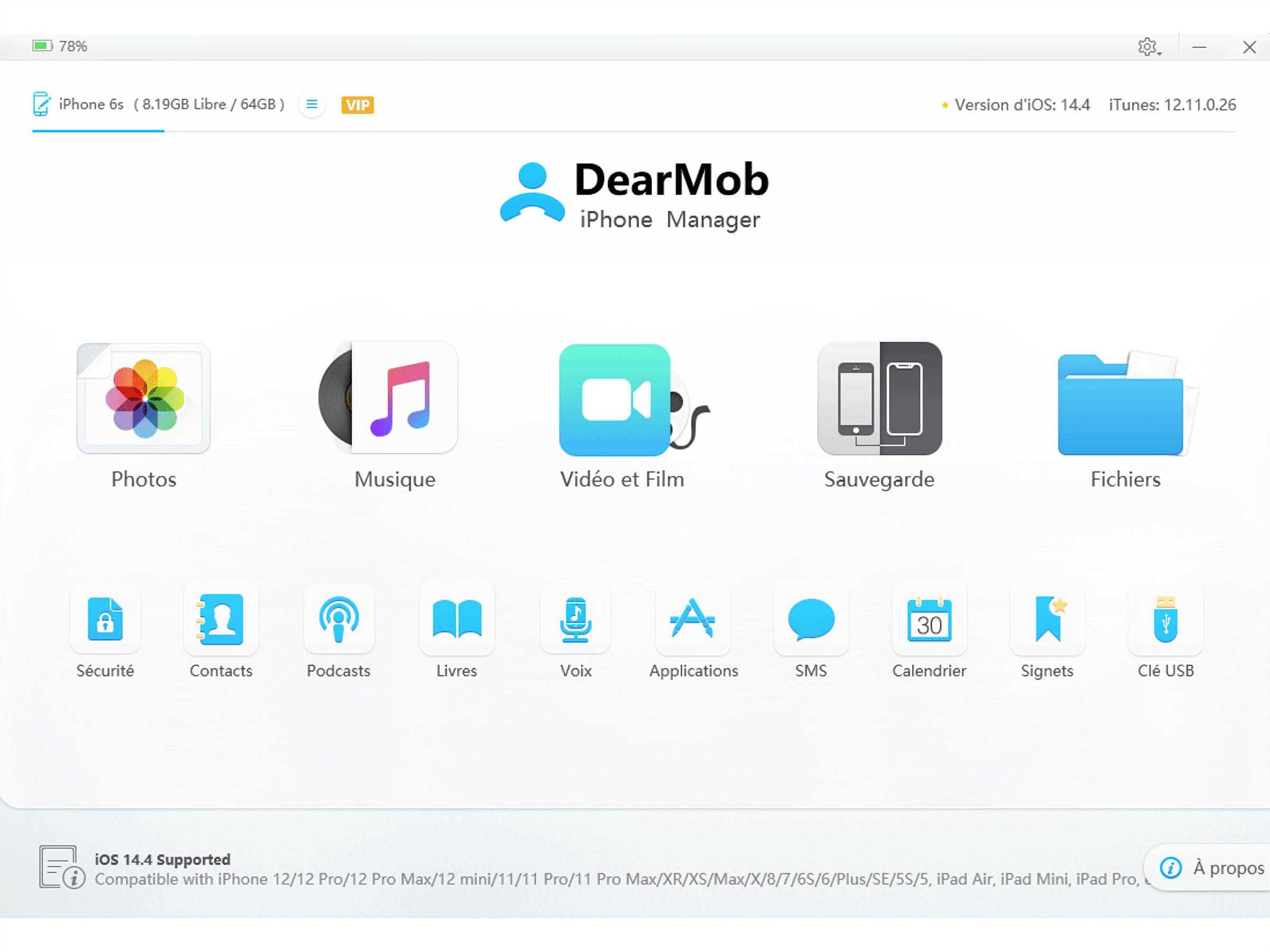 Compatible avec macOS, DearMob iPhone Manager prend en charge toutes les versions d'iOS jusqu'à la dernière en date. © Digiarty Software, Inc.