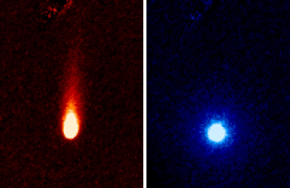 On voit ici des images en fausses couleurs prises à différentes longueurs d’onde dans l’infrarouge avec l’Infrared Array Camera de Spitzer. Elles montrent les fortes émissions de gaz de la comète Ison, que certains appellent la comète « soda ». Du gaz carbonique et de la poussière « pétillent » en effet de la comète en formant une queue d’environ 300.000 km de long. © Nasa