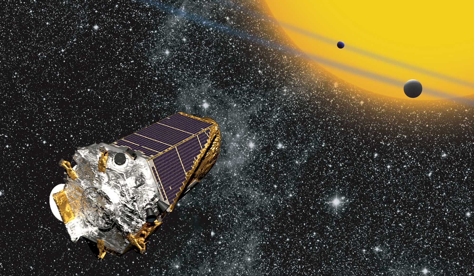 Cette vue d'artiste montre le satellite Kepler, de la Nasa, en train de chasser des exoplanètes par la méthode du transit planétaire. Cet instrument spatial peut aussi étudier les variations de luminosité des étoiles causées par les ondes qui les parcourent : c'est la sismologie stellaire, ou astérosismologie. © Nasa, W Stenzel