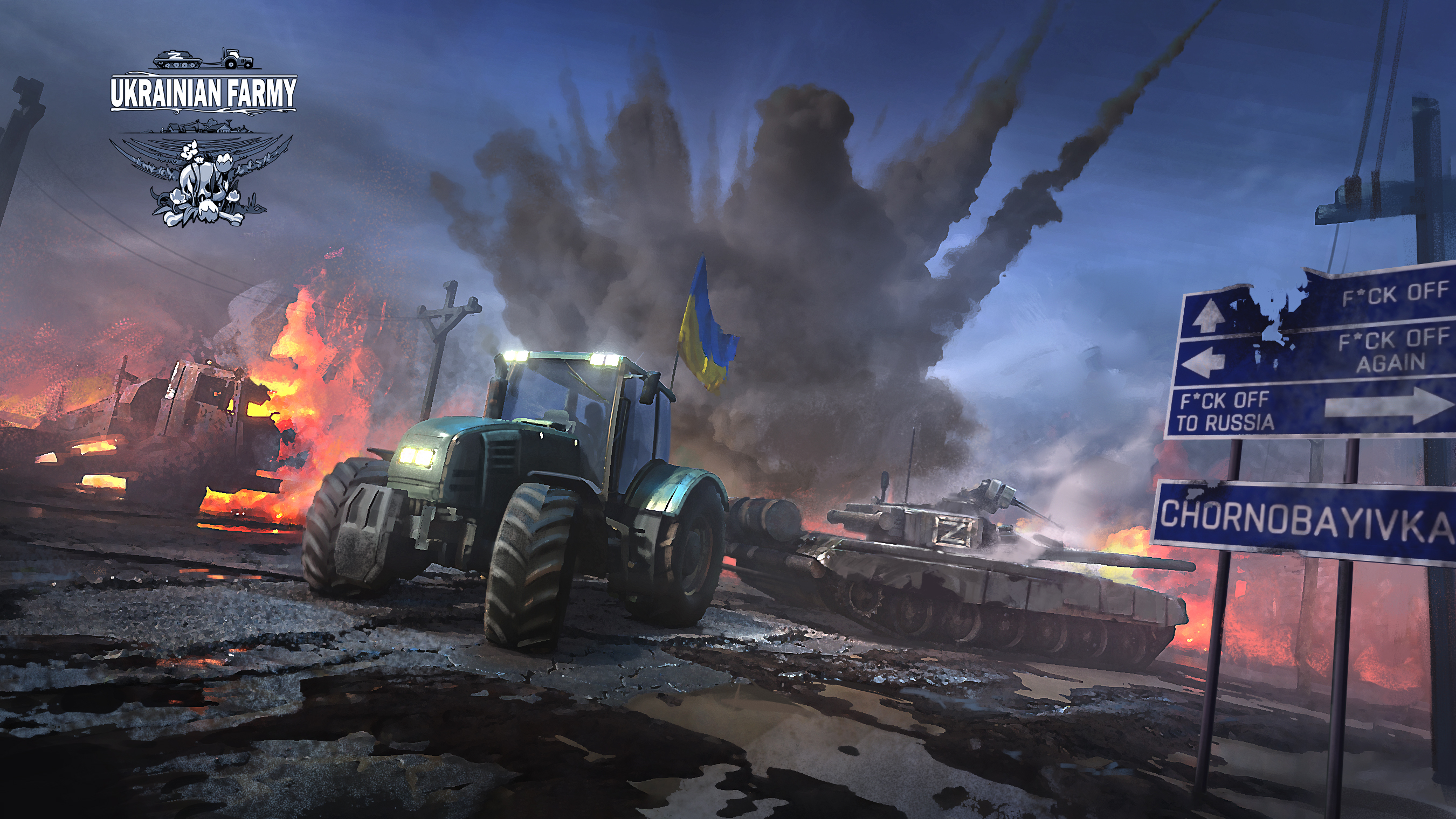 Dans ce jeu vidéo, le joueur doit remorquer des chars russes et des véhicules blindés à l'aide de son tracteur. © Ukrainian fArmy