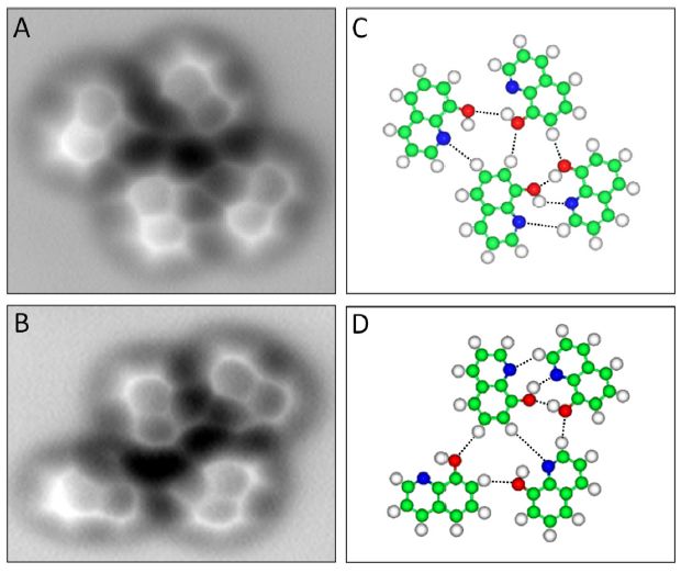 Des molécules de 8-hydroxyquinoléine. Sur les images de droite : C (carbone) = vert, H (hydrogène) = blanc, O (oxygène) = rouge, N (azote) = bleu, et les liaisons hydrogène sont représentées en pointillés. Ces molécules, sur une surface de cuivre, peuvent se retrouver liées par des liaisons hydrogène à basse température. C'est ce que l'on constate sur les deux images à gauche prises avec un microscope à force atomique. © Science, AAAS