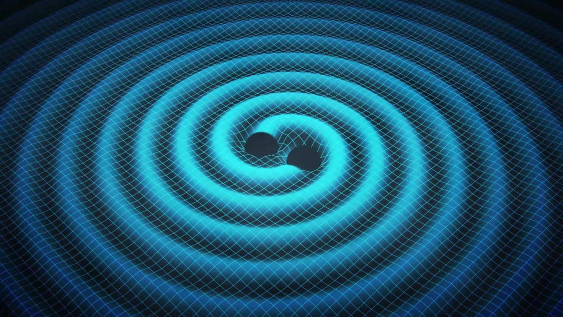 Une vue d'artiste montrant les ondulations du tissu de l'espace-temps provoquées par deux trous noirs en train de se rapprocher. Perdant de l'énergie sous forme d'ondes gravitationnelles, ils finiront par fusionner. © Swinburne Astronomy Production